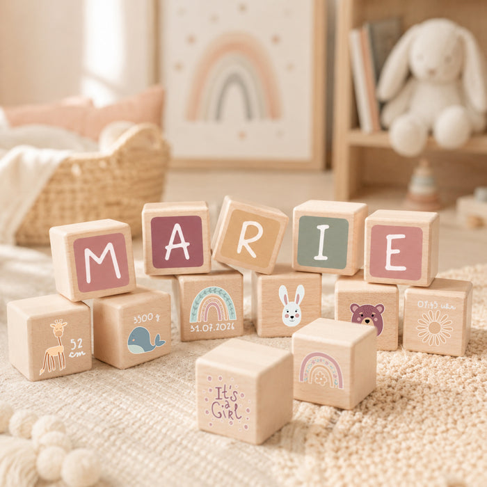 Personalisierte Holzwürfel mit Name bunt bedruckt
