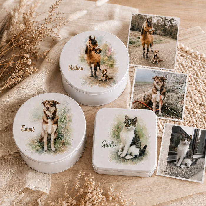 Personalisierte Fotodose mit Wunschname – runde oder quadratische Blechdose bedrucken lassen