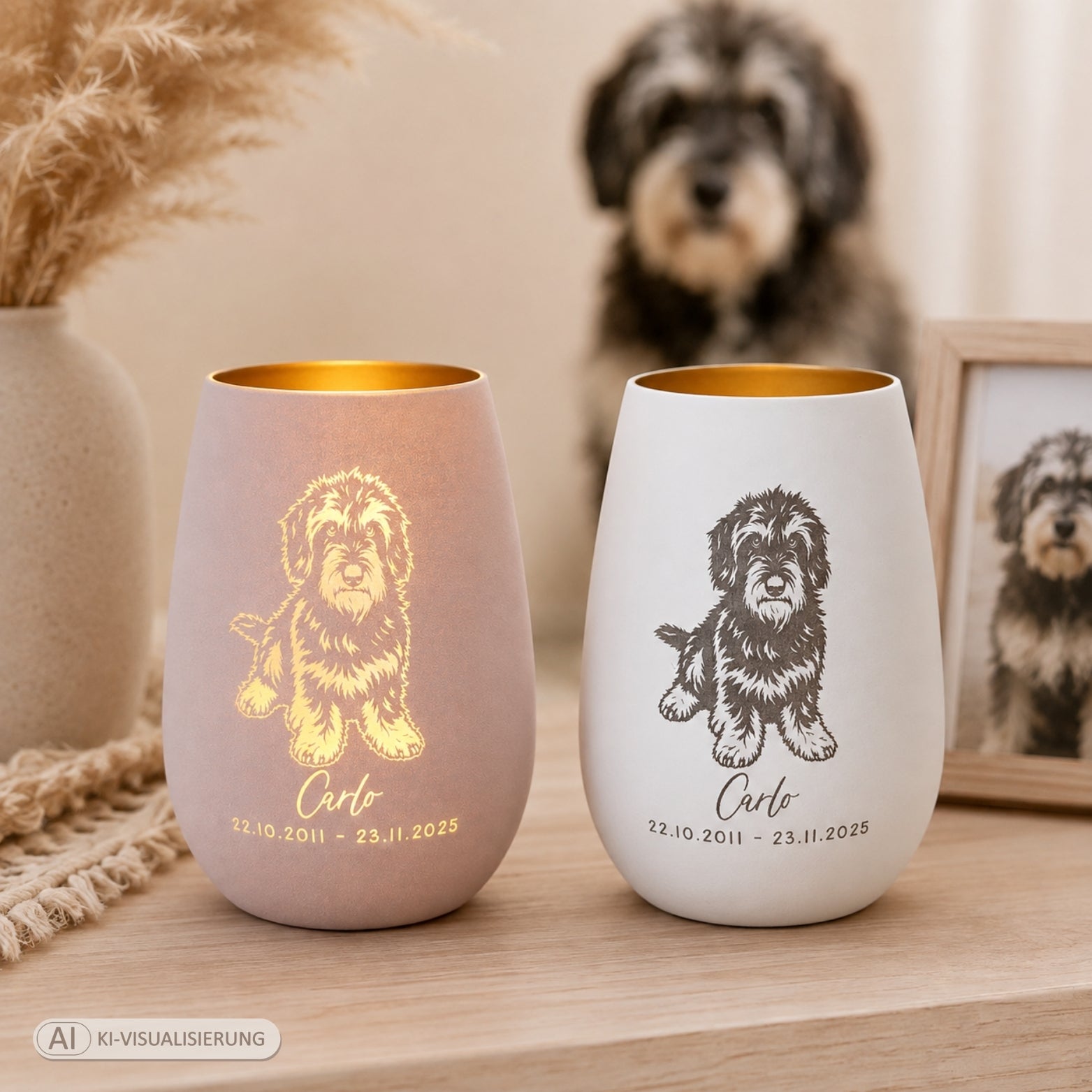 Personalisiertes Trauerlicht mit Tierfoto – beidseitig graviertes Windlicht