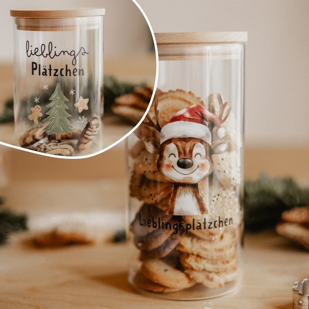 Vorratsglas Weihnachten – Rentier oder Tannenbaum | Glasdose mit Holzdeckel für Plätzchen & Süßigkeiten