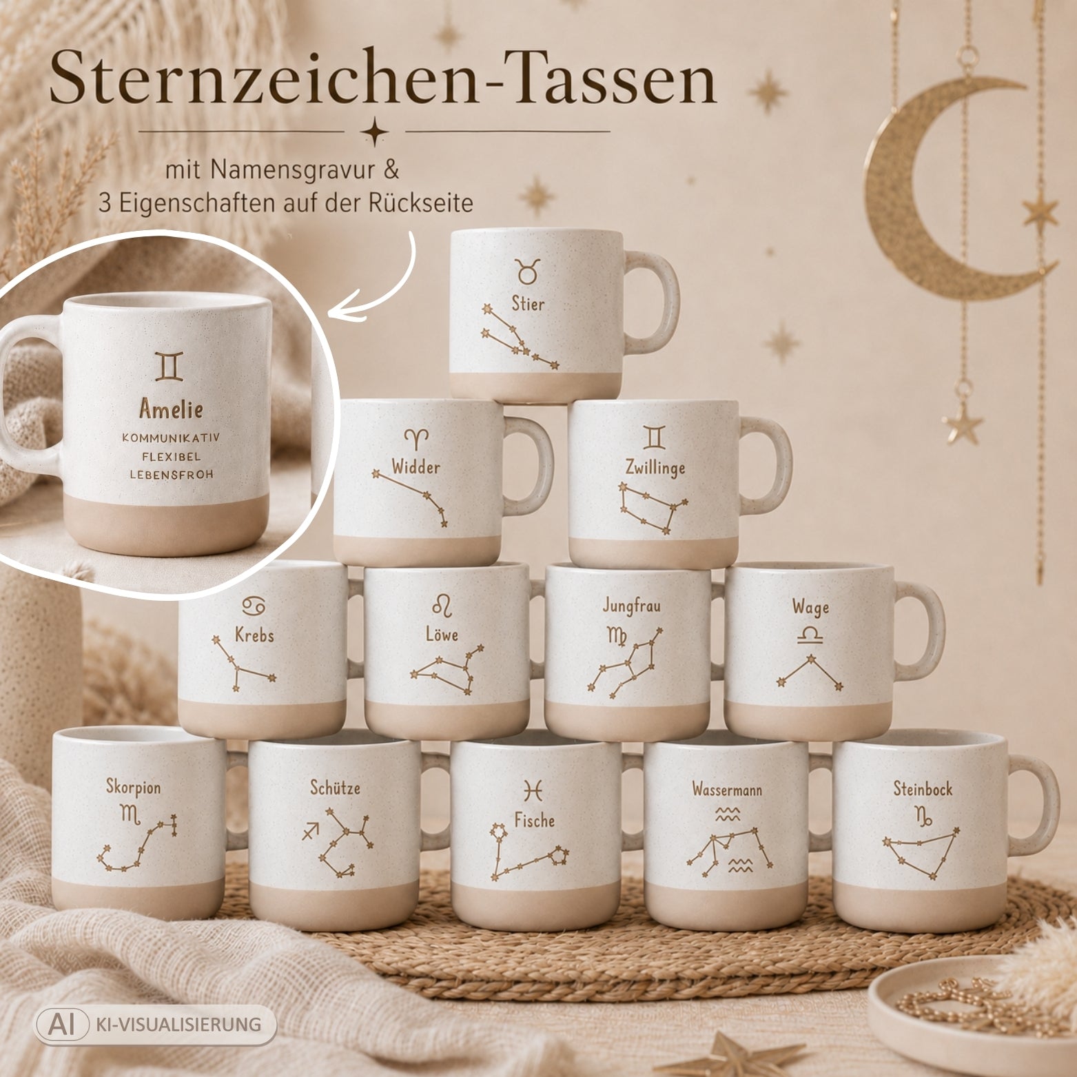 Personalisierte Sternzeichen-Tasse mit Name und Eigenschaften – gravierte Tasse mit Sternbild