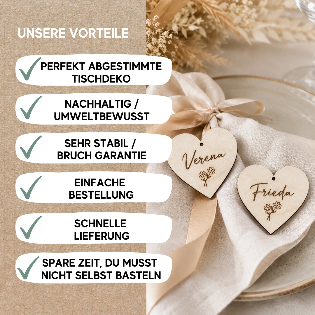 Personalisierte Platzkarten Hochzeit Herz aus Holz mit Namensgravur