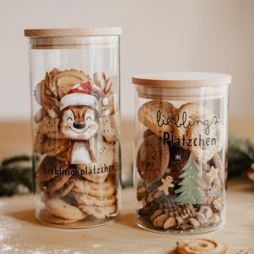 Vorratsglas Weihnachten – Rentier oder Tannenbaum | Glasdose mit Holzdeckel für Plätzchen & Süßigkeiten