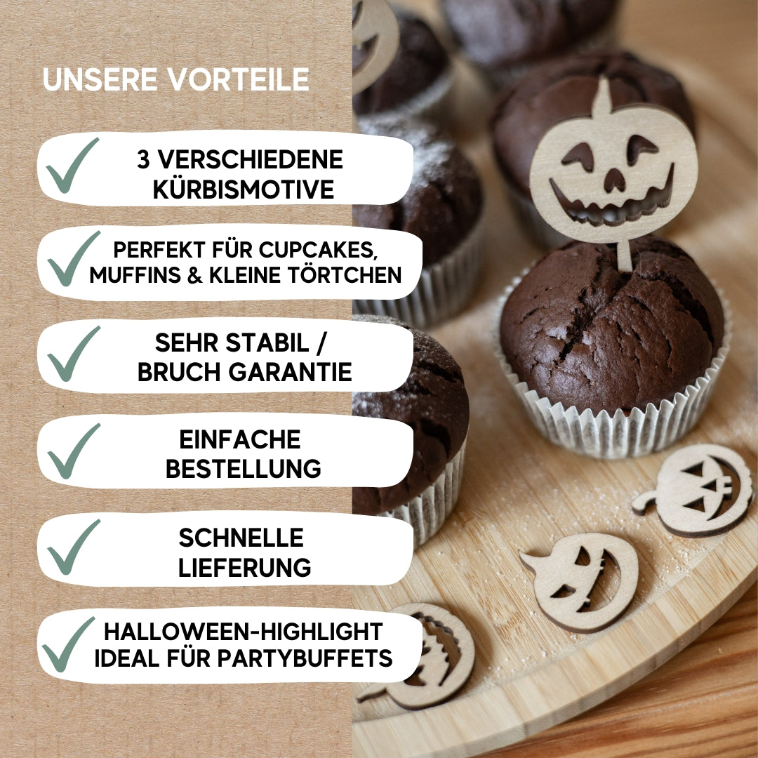 Muffinstecker Kürbis | Halloween Cupcake Topper aus Holz | Set mit 3 oder 6 Stück