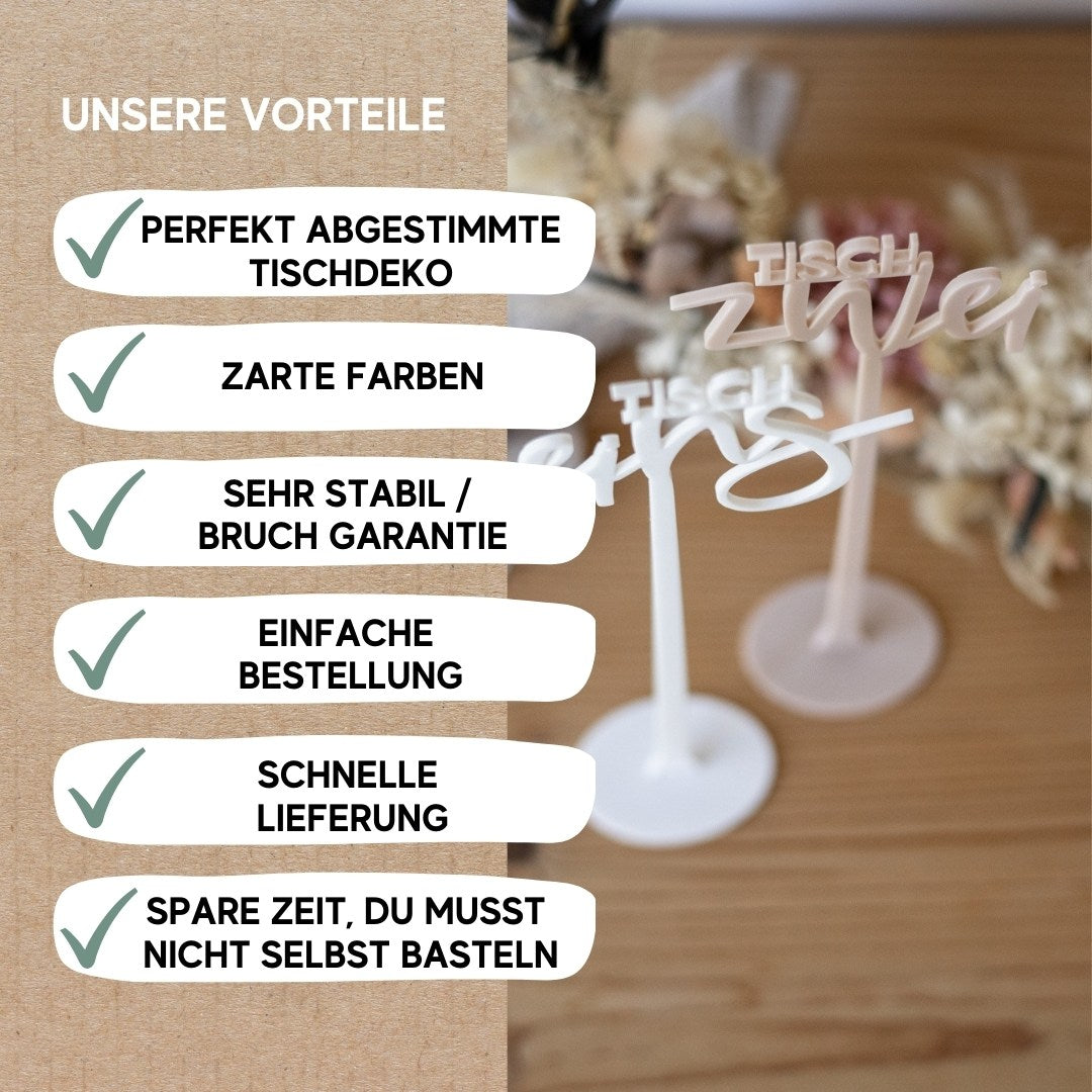 Tischnummern Hochzeit aus Acryl mit Fuß – Weiß & Beige