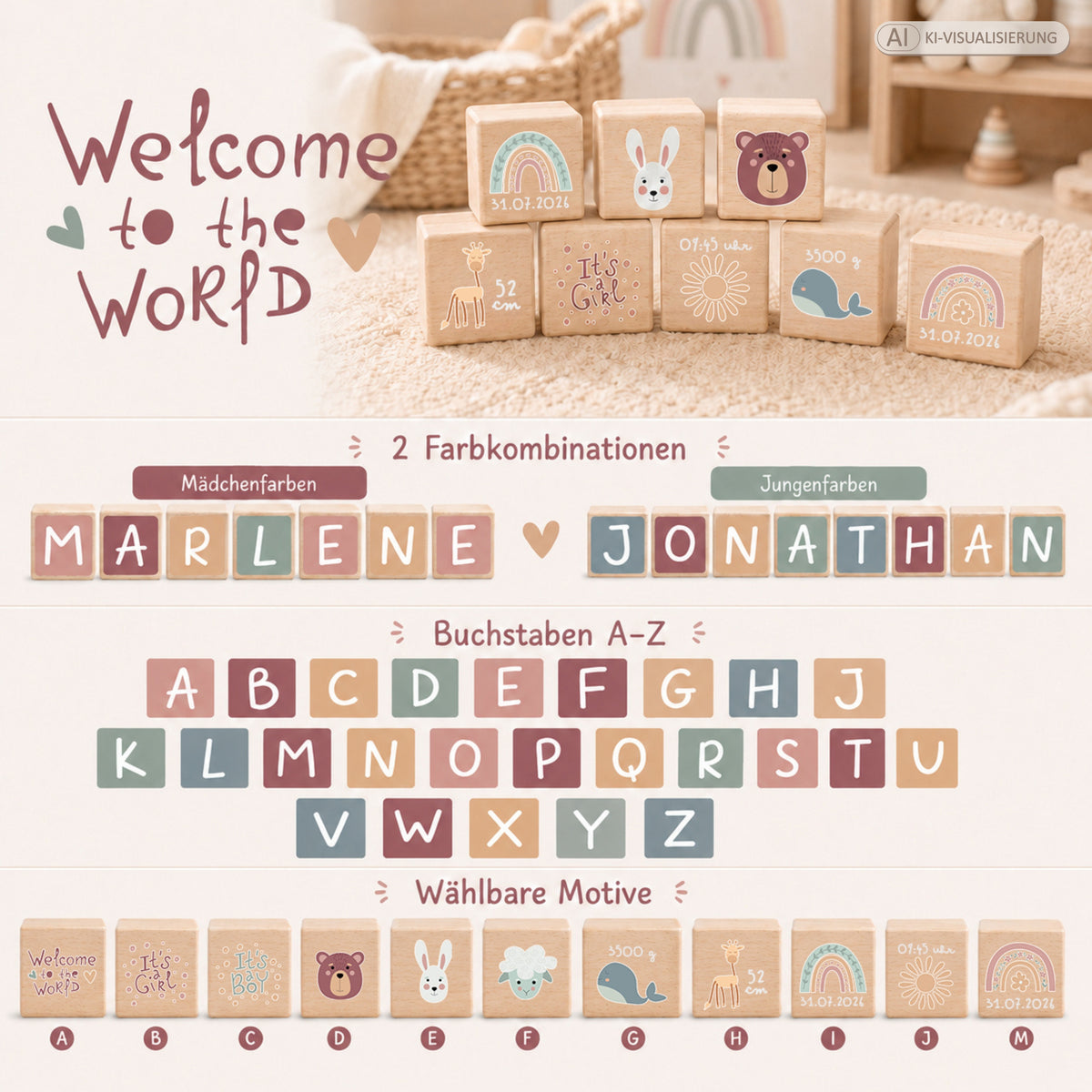 Übersicht der bunt bedruckten Holzwürfel: Mädchen- und Jungenfarben, Buchstaben A–Z und wählbare Motive