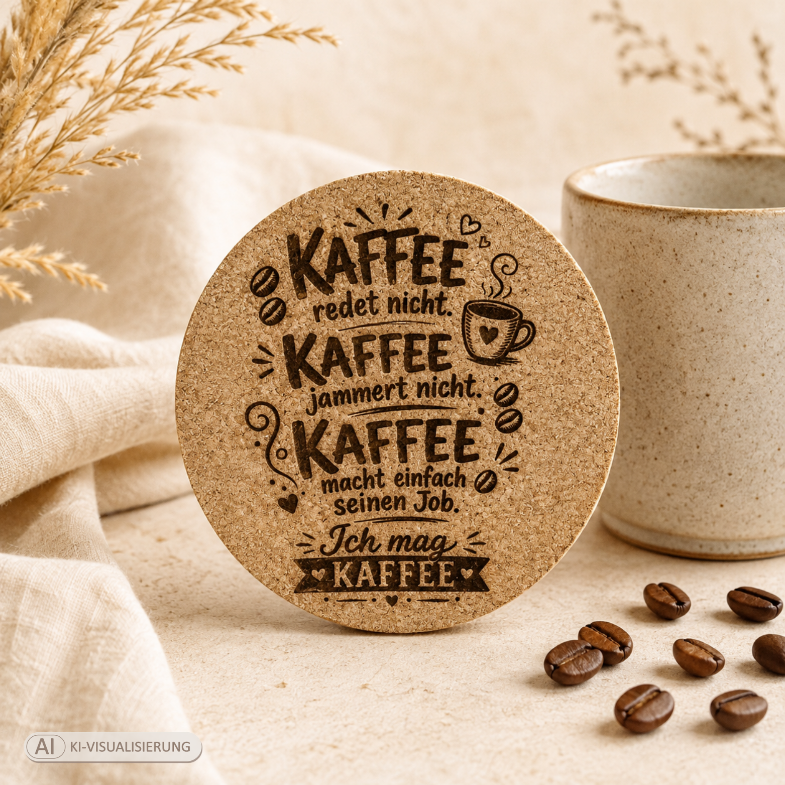 Korkuntersetzer mit Kaffee-Spruch – 4 Motive zur Auswahl