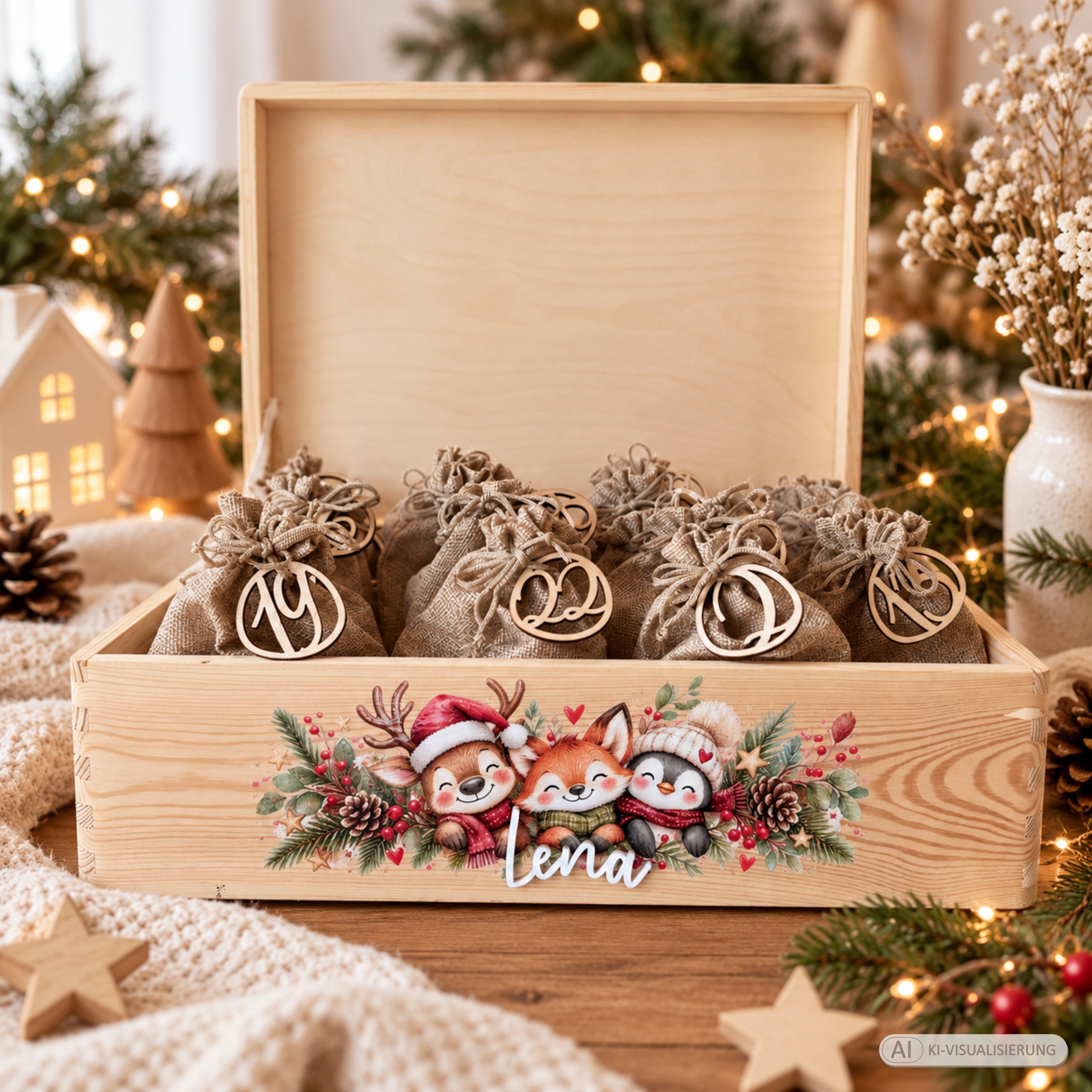 Adventskiste aus Kiefernholz mit Wunschname aus weißem Acryl
