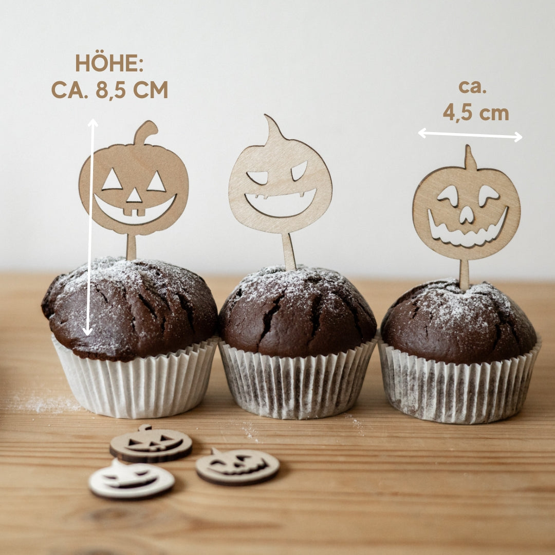 Muffinstecker Kürbis | Halloween Cupcake Topper aus Holz | Set mit 3 oder 6 Stück