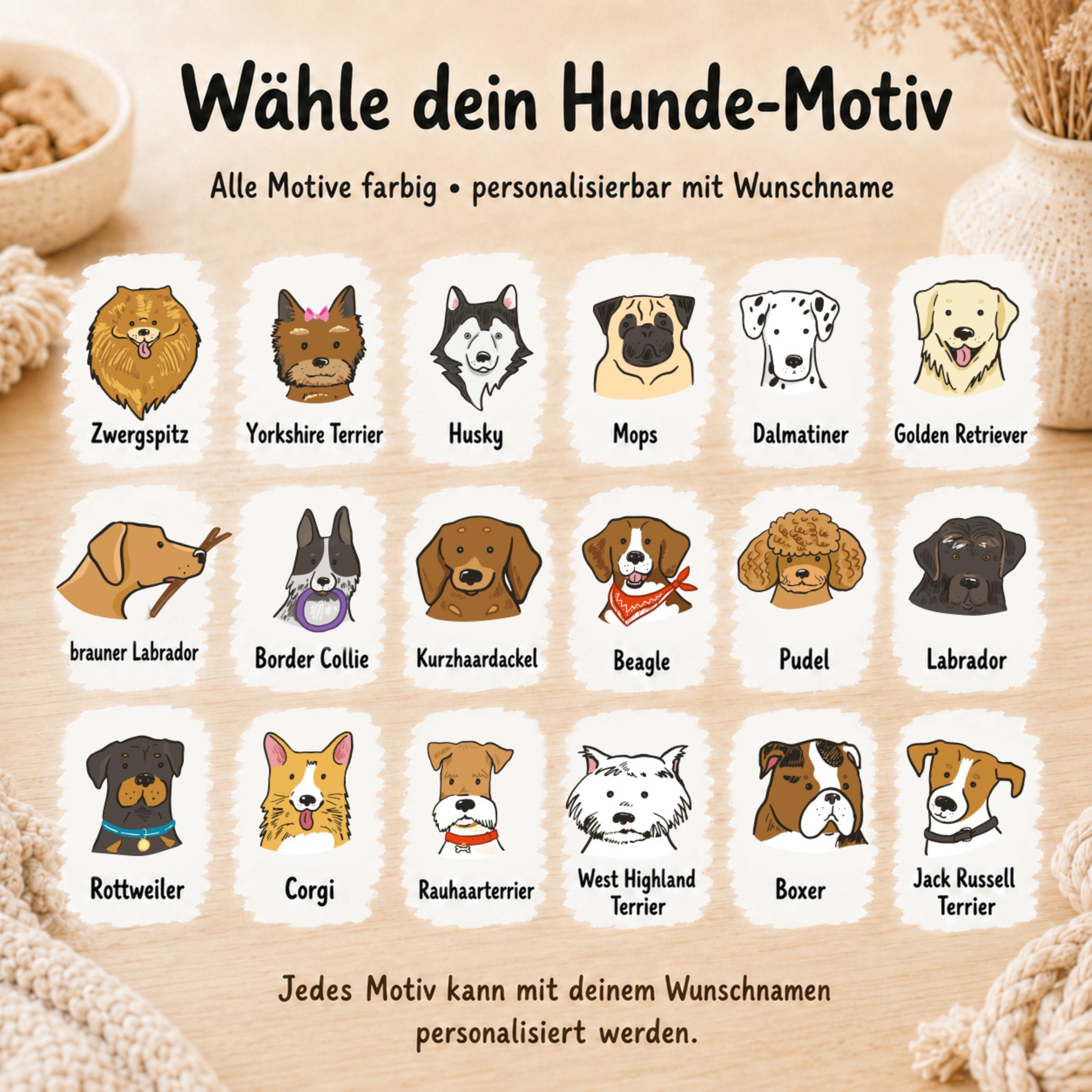Personalisierte Hunde-Tasse mit Name & farbigem Hunde-Motiv