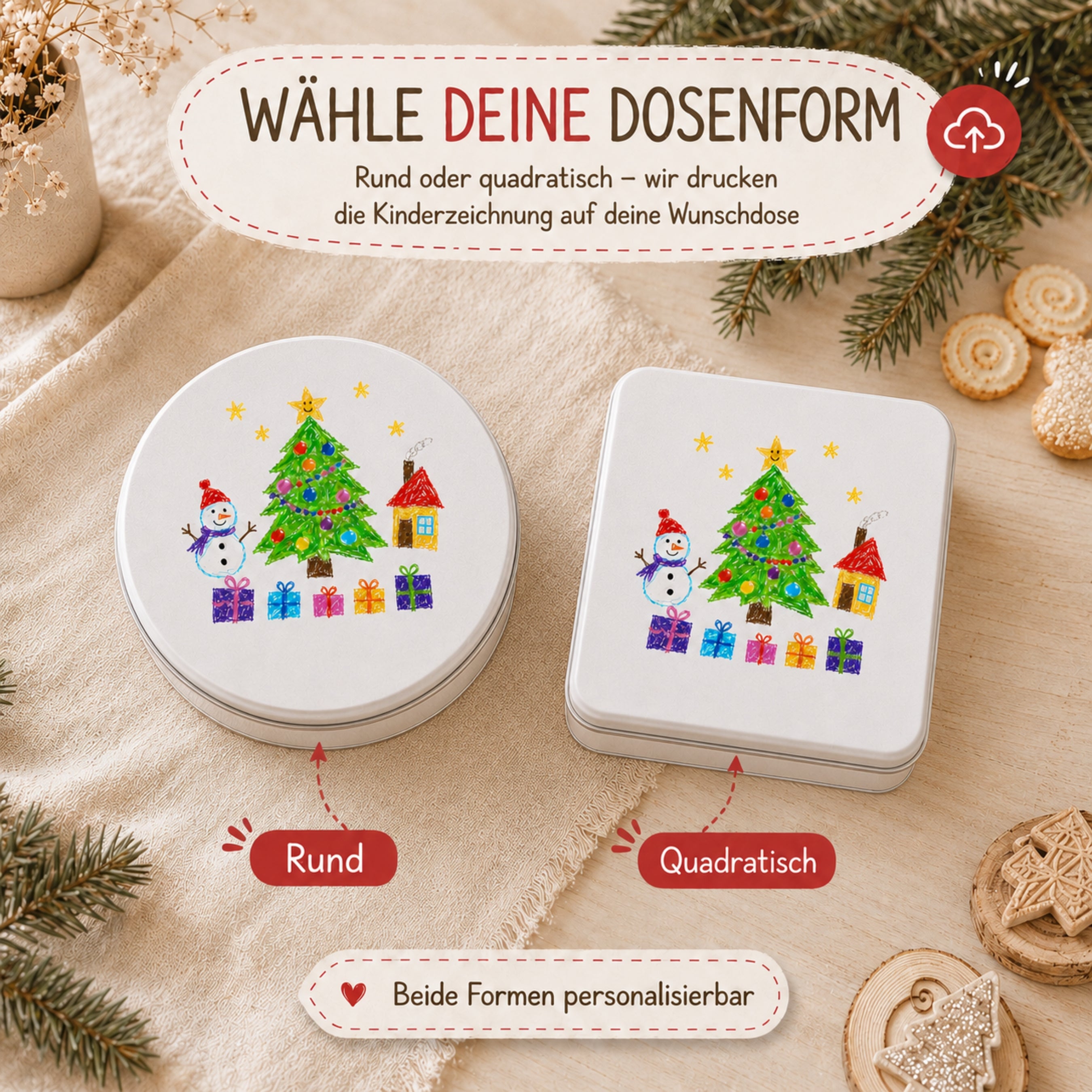 Personalisierte Dose mit eigener Kinderzeichnung & Wunschname – rund oder quadratisch