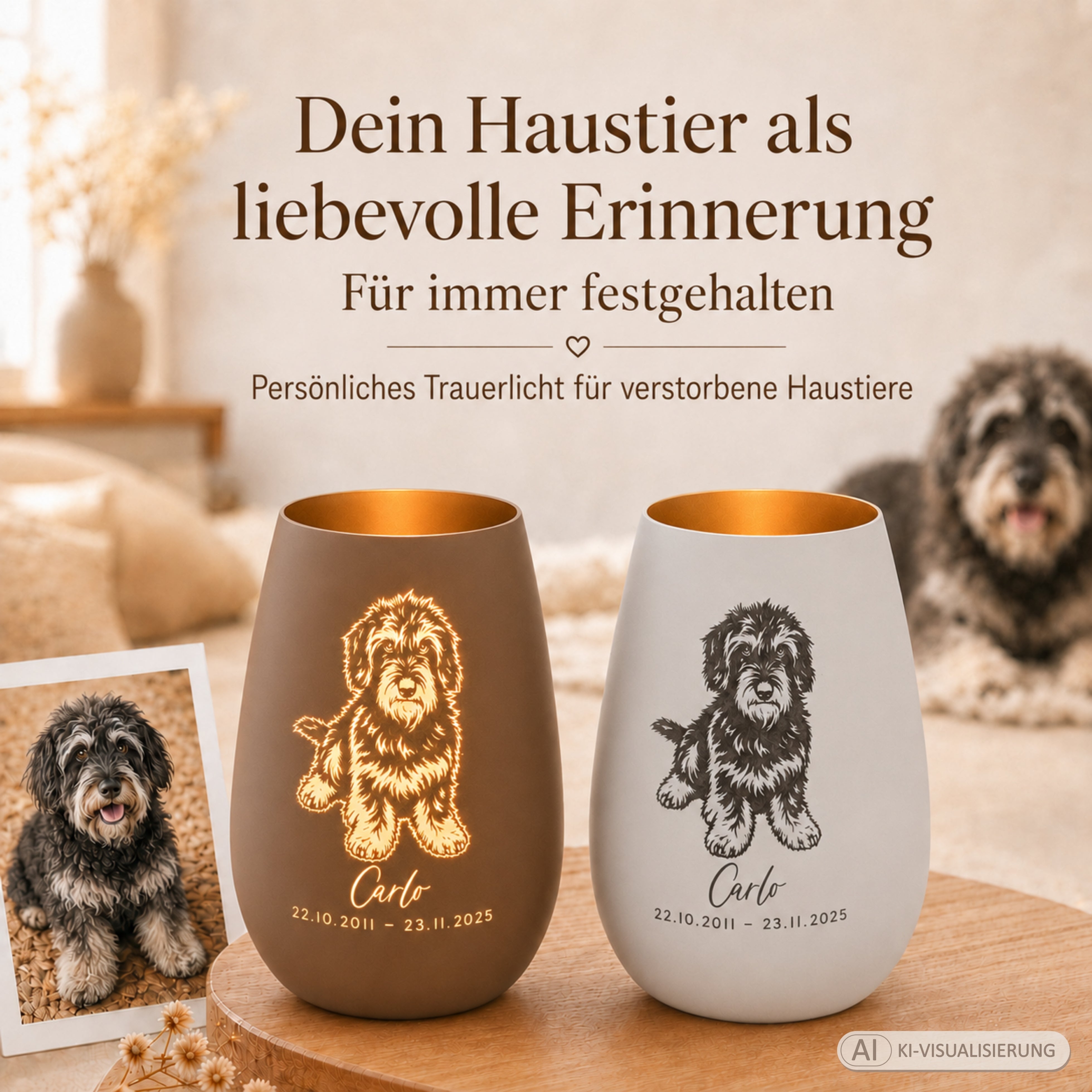 Personalisiertes Trauerlicht mit Tierfoto – beidseitig graviertes Windlicht