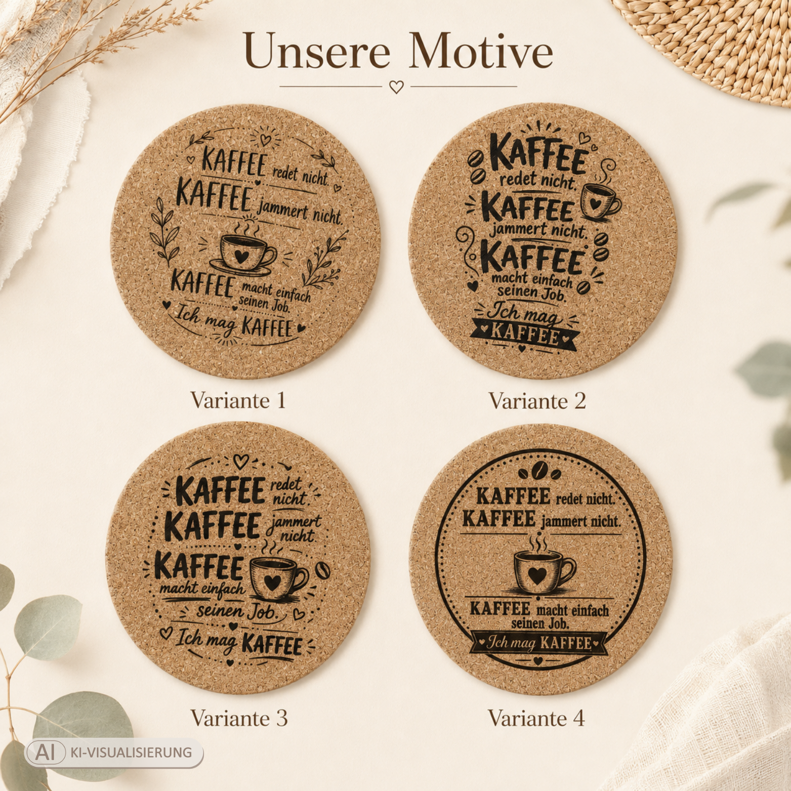 Korkuntersetzer mit Kaffee-Spruch – 4 Motive zur Auswahl