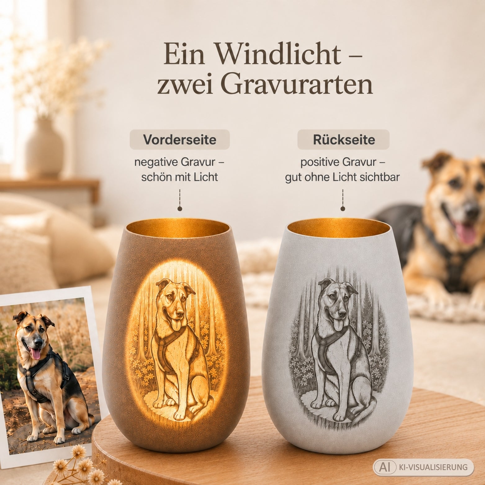 Personalisiertes Trauerlicht mit Tierfoto – beidseitig graviertes Windlicht