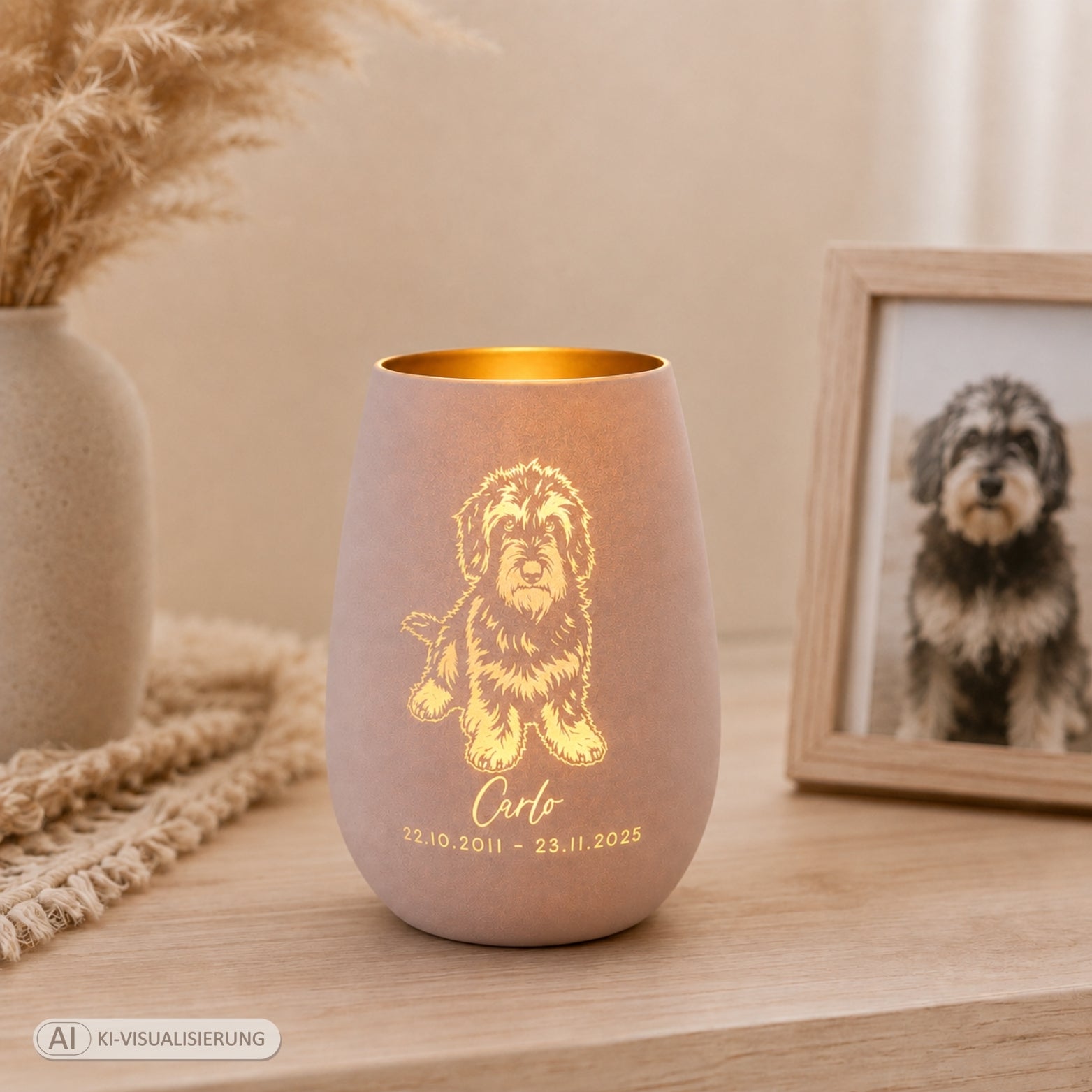 Personalisiertes Trauerlicht mit Tierfoto – beidseitig graviertes Windlicht