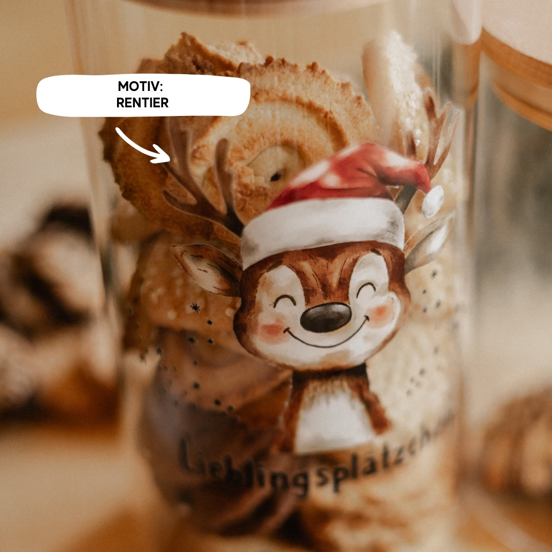 Vorratsglas Weihnachten – Rentier oder Tannenbaum | Glasdose mit Holzdeckel für Plätzchen & Süßigkeiten