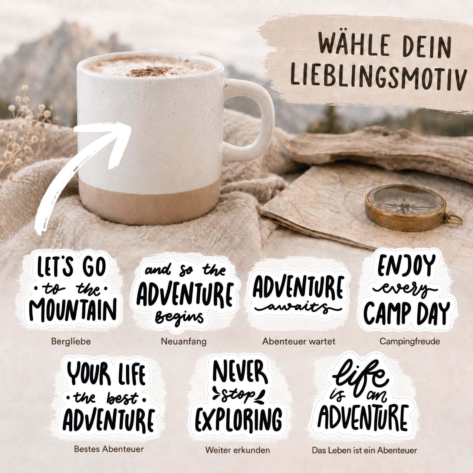 Personalisierte Adventure-Tasse mit Name & Wunschmotiv – gravierte Outdoor-Tasse