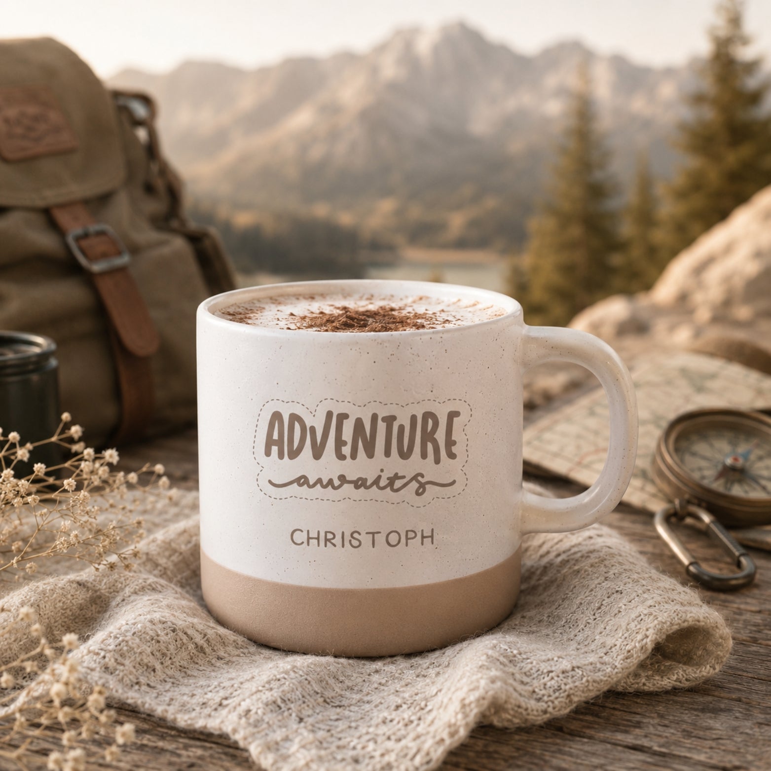 Personalisierte Adventure-Tasse mit Name & Wunschmotiv – gravierte Outdoor-Tasse