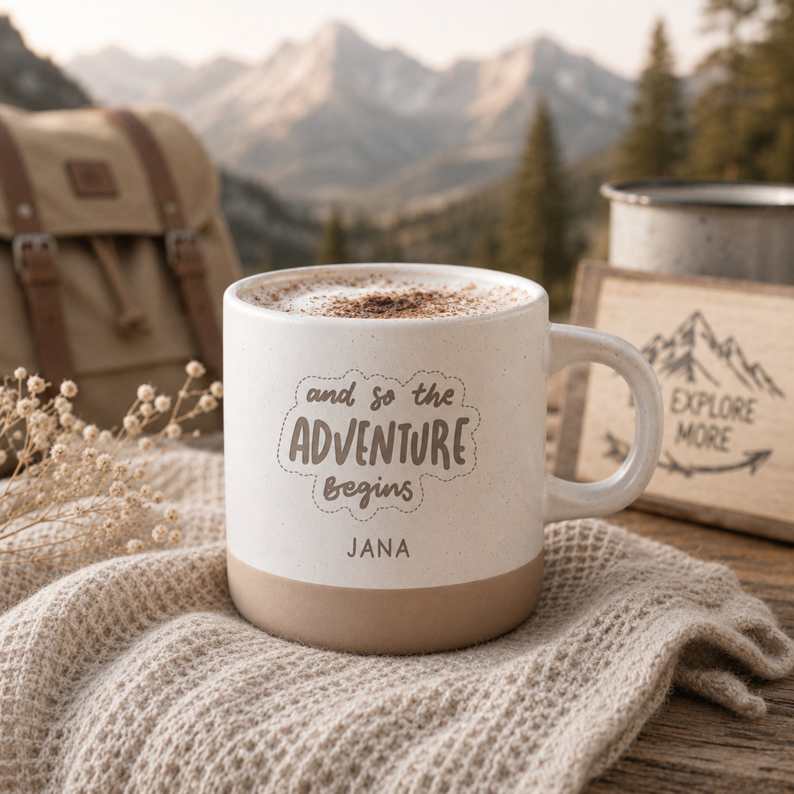 Personalisierte Adventure-Tasse mit Name & Wunschmotiv – gravierte Outdoor-Tasse