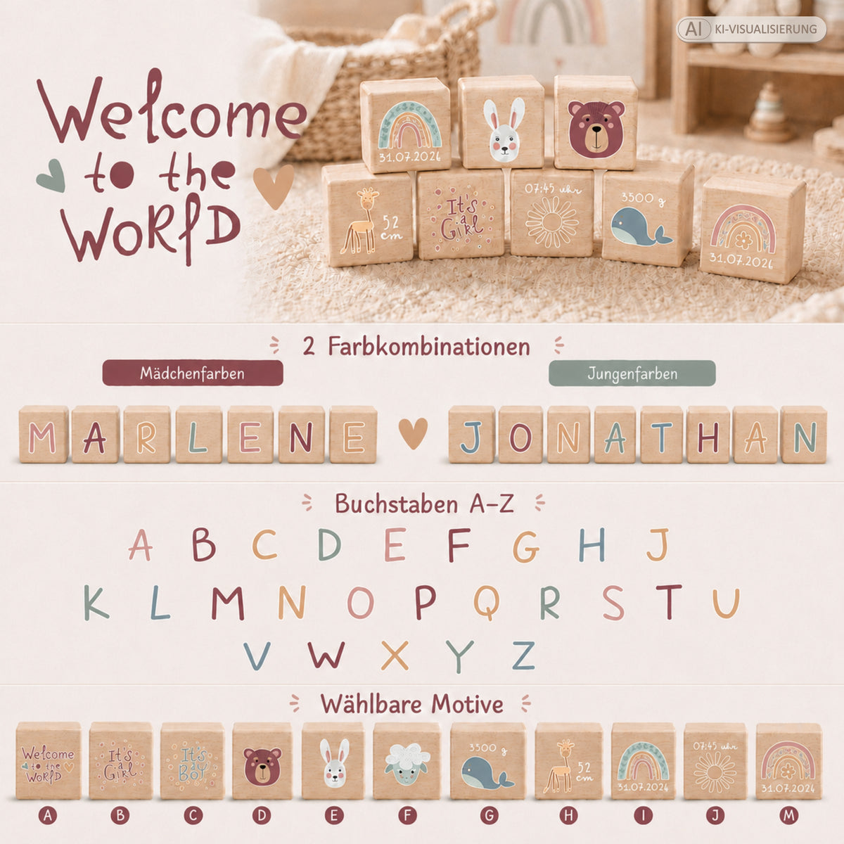 Übersicht der Holzwürfel mit bunten Buchstaben: zwei Farbkombinationen, Buchstaben A–Z und wählbare Motive
