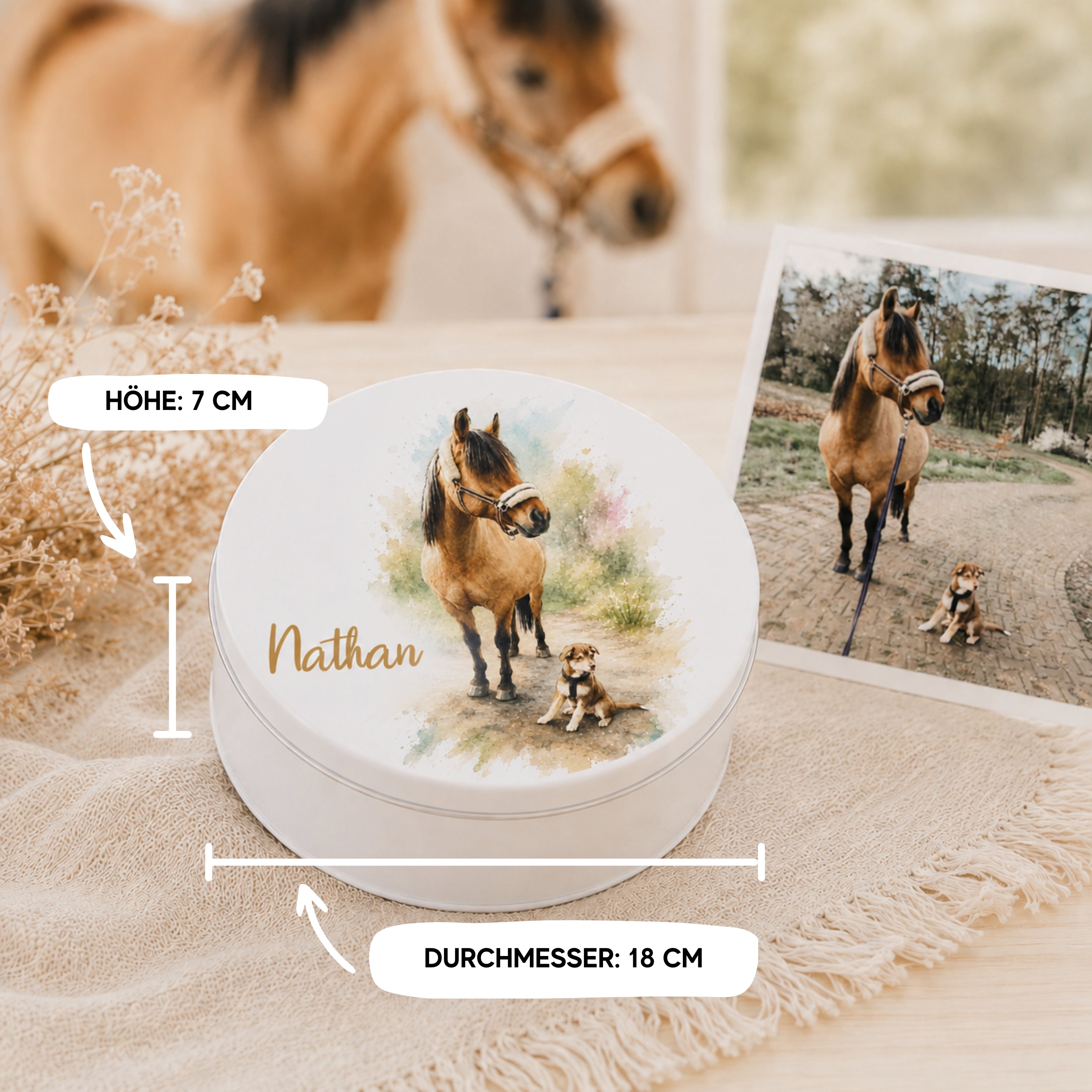 Personalisierte Fotodose mit Wunschname – runde oder quadratische Blechdose bedrucken lassen