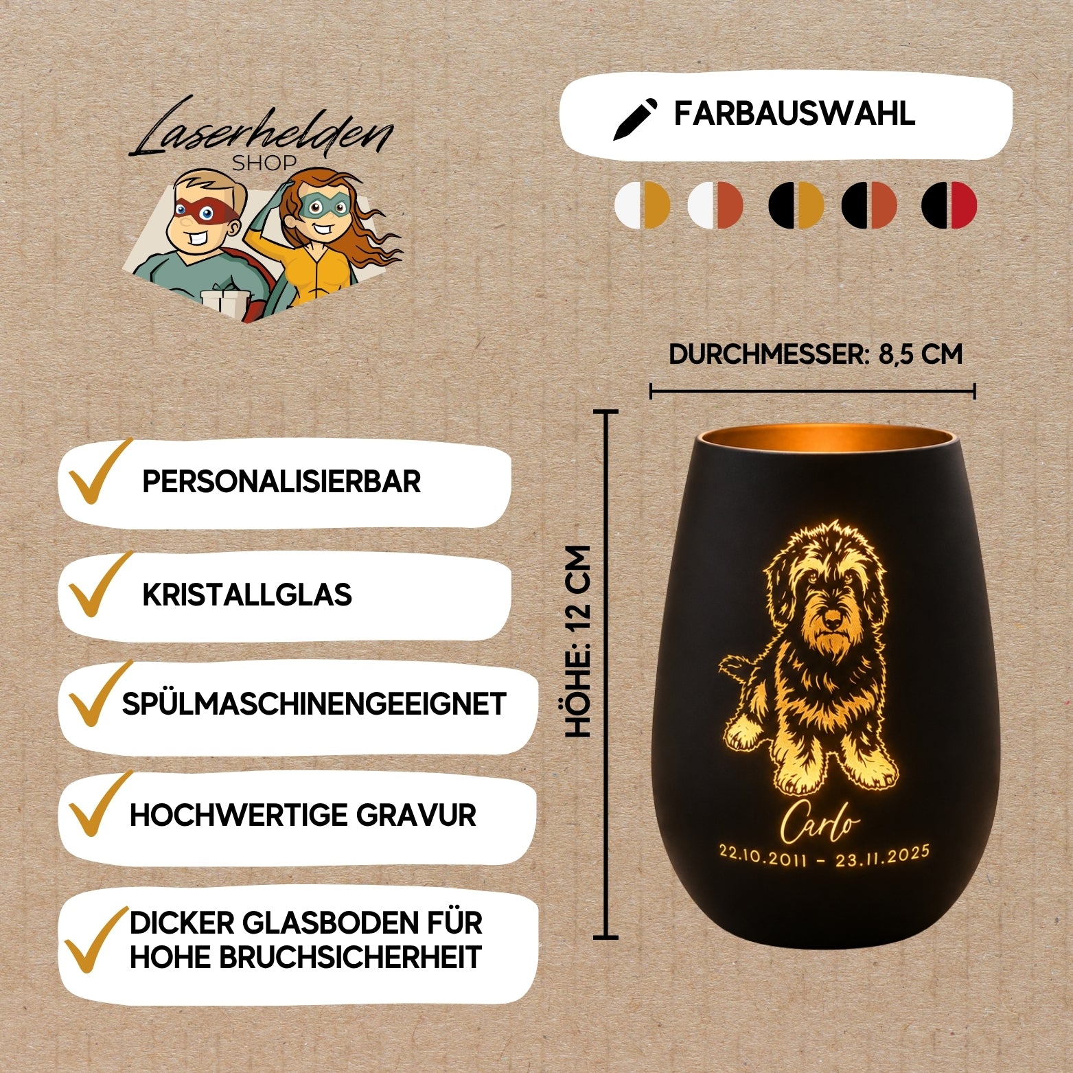 Personalisiertes Trauerlicht mit Tierfoto – beidseitig graviertes Windlicht