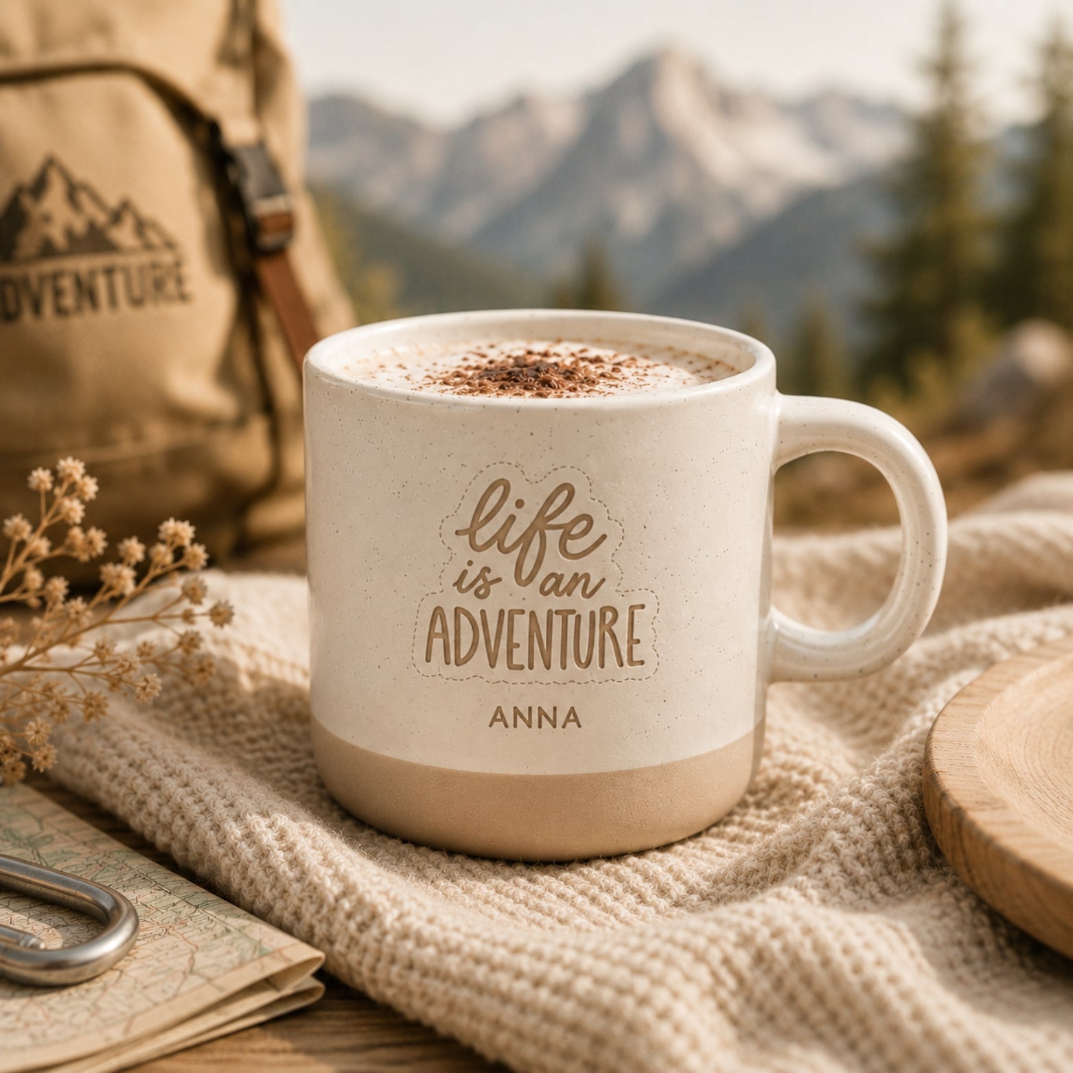 Personalisierte Adventure-Tasse mit Name & Wunschmotiv – gravierte Outdoor-Tasse