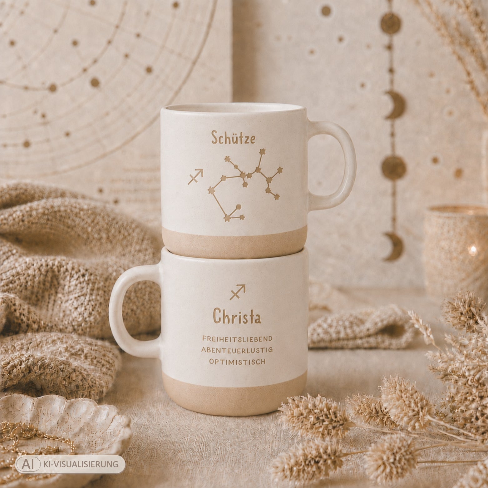 Personalisierte Sternzeichen-Tasse mit Name und Eigenschaften – gravierte Tasse mit Sternbild