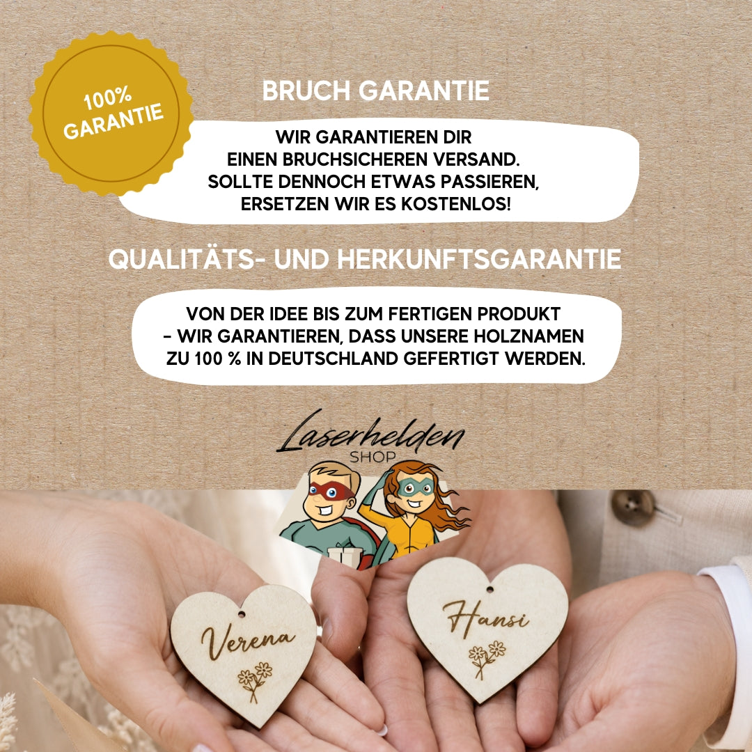 Personalisierte Platzkarten Hochzeit Herz aus Holz mit Namensgravur