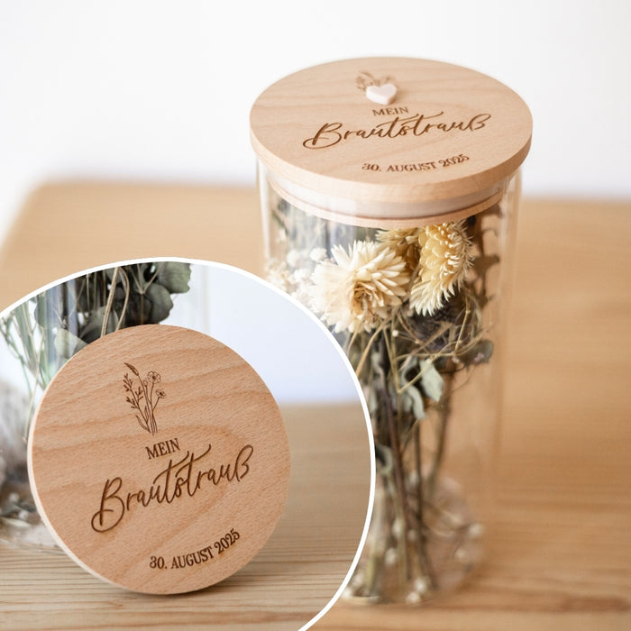 Mein Brautstrauß – Erinnerungsglas mit Gravur & Datum | Personalisierte Hochzeits-Erinnerung