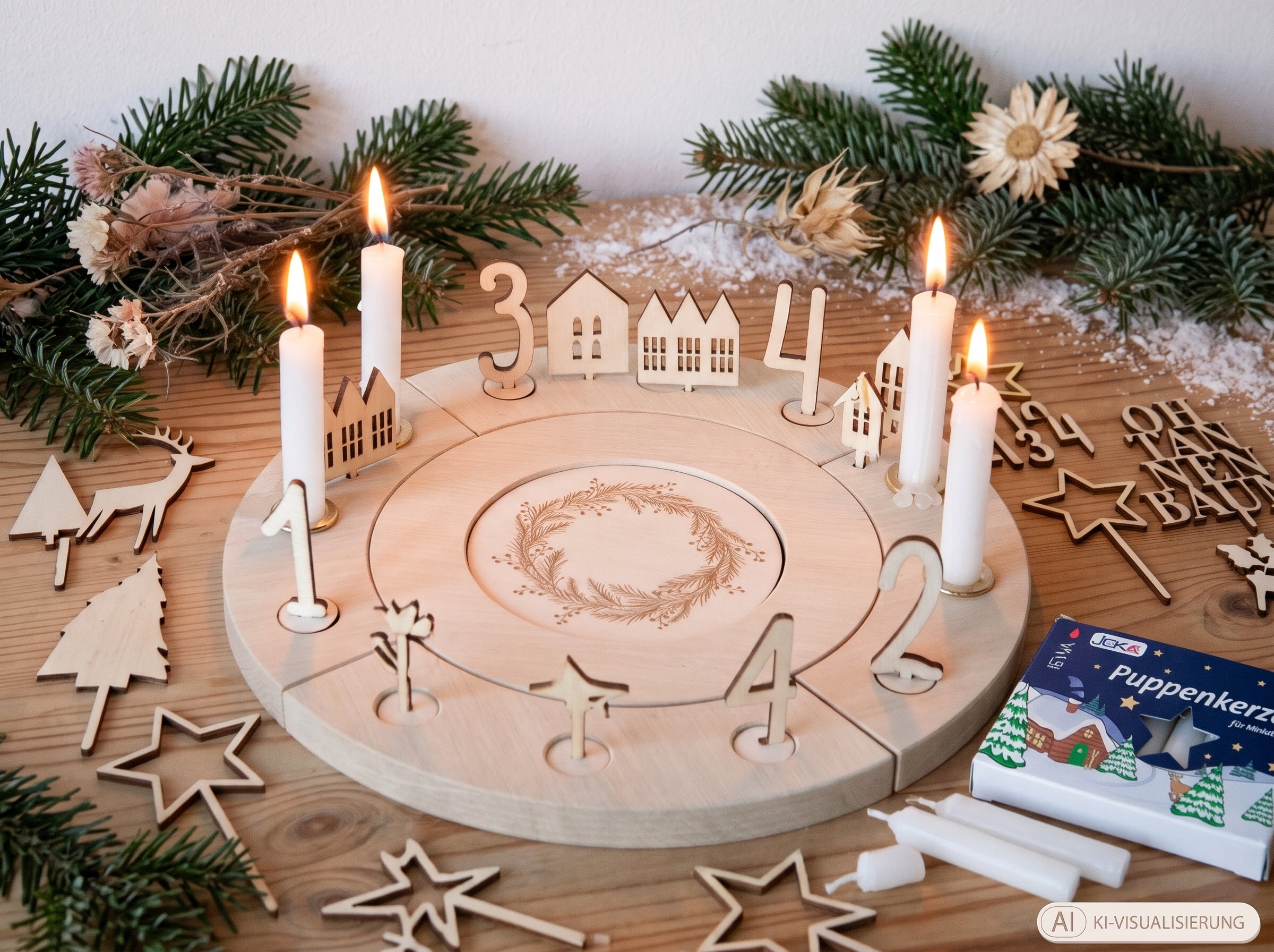 Adventskranz aus Holz im Set mit Kerzen und Dekosteckern auf dem Esstisch