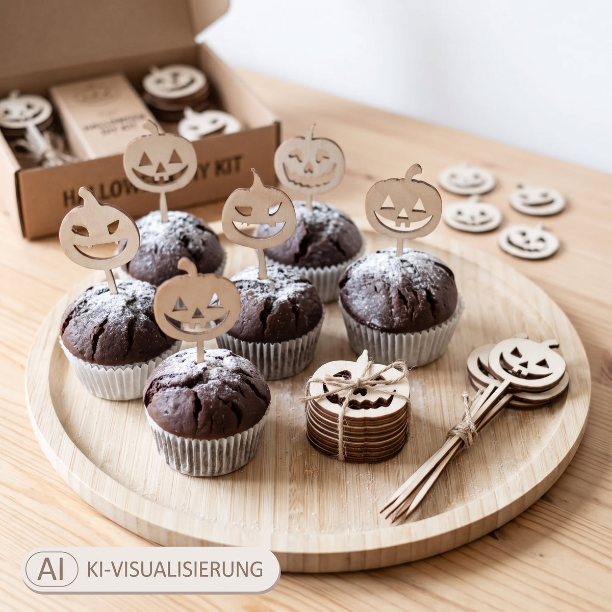 Herbst-Bundle mit Kürbis-Muffinsteckern und Kürbis-Streudeko aus Holz auf Schokomuffins (KI-Visualisierung)