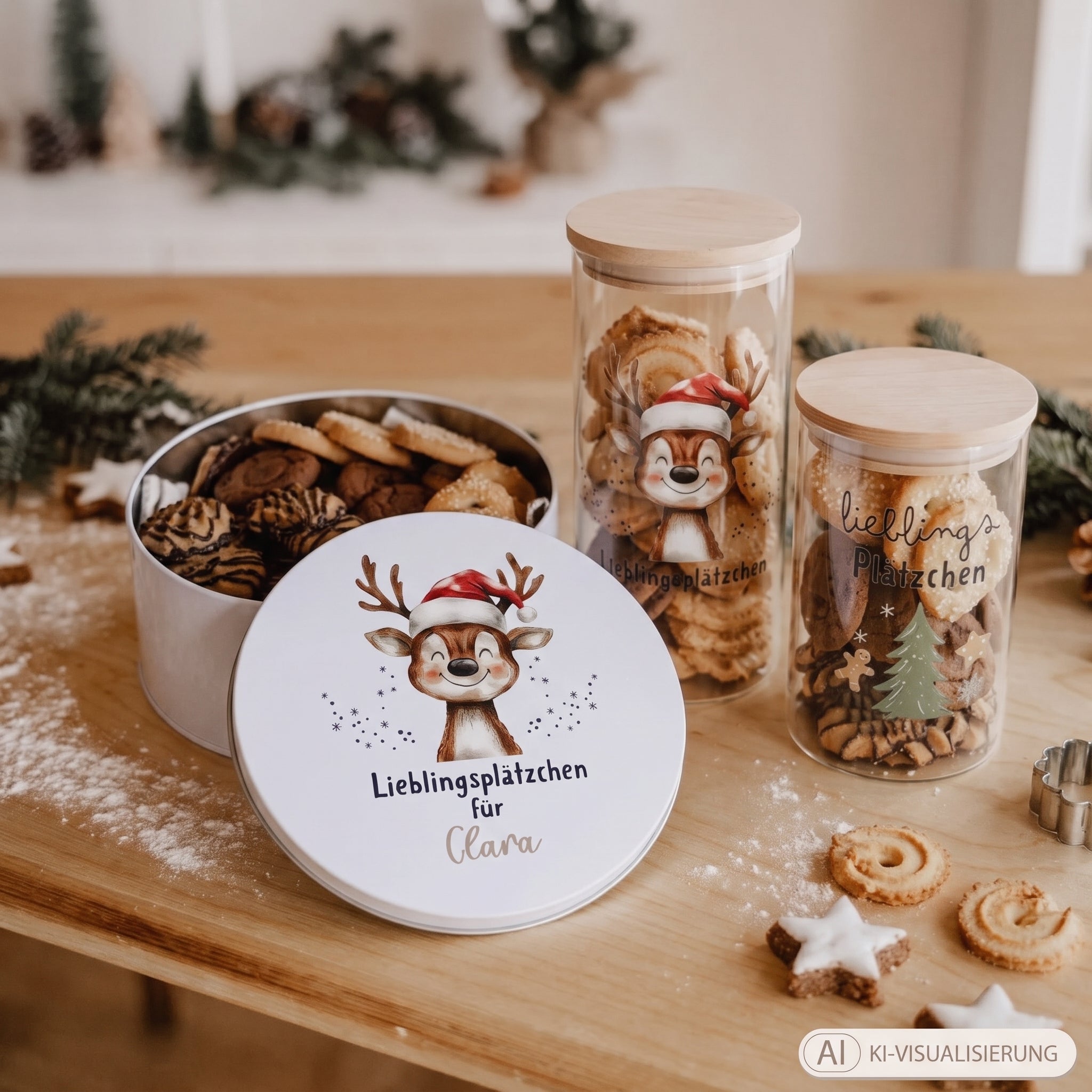 Keksdosen Set personalisiert – Metalldose mit Aufschrift Lieblingsplätzchen und Vorratsglas mit Namen