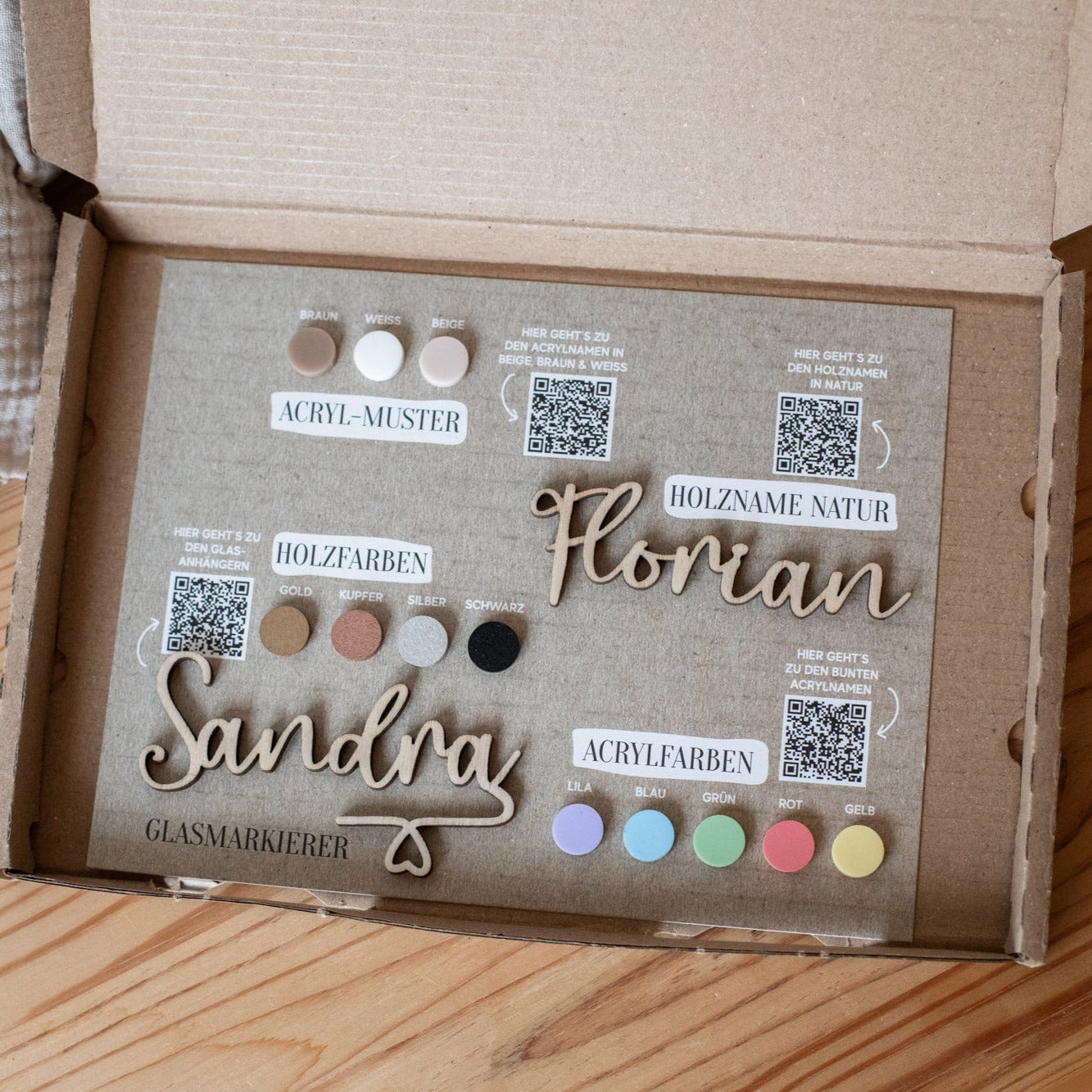 Musterbox Tischkarten & Glasmarkierer – Alle Materialien & Farben zum Anfassen