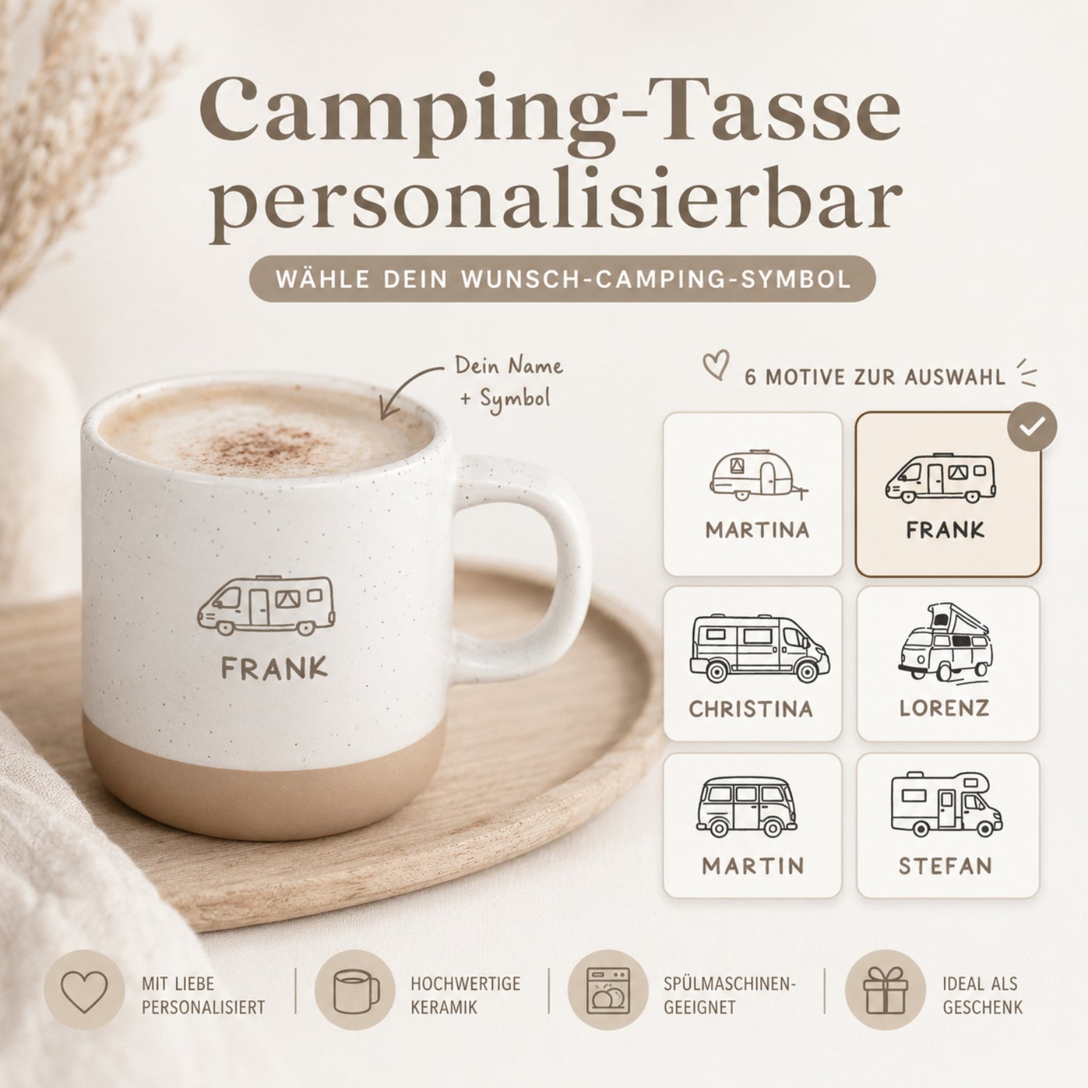 Personalisierte Camping-Tasse mit Name & Wunschmotiv