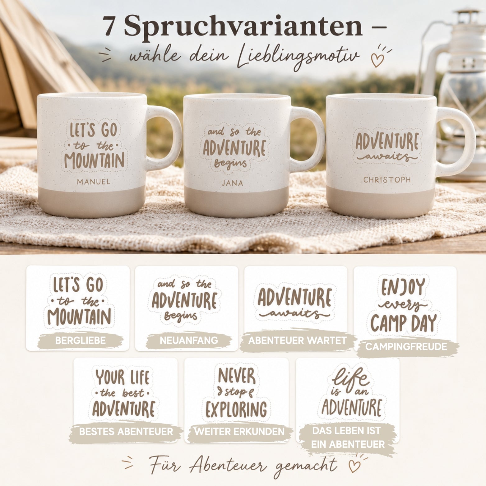 Personalisierte Adventure-Tasse mit Name & Wunschmotiv – gravierte Outdoor-Tasse