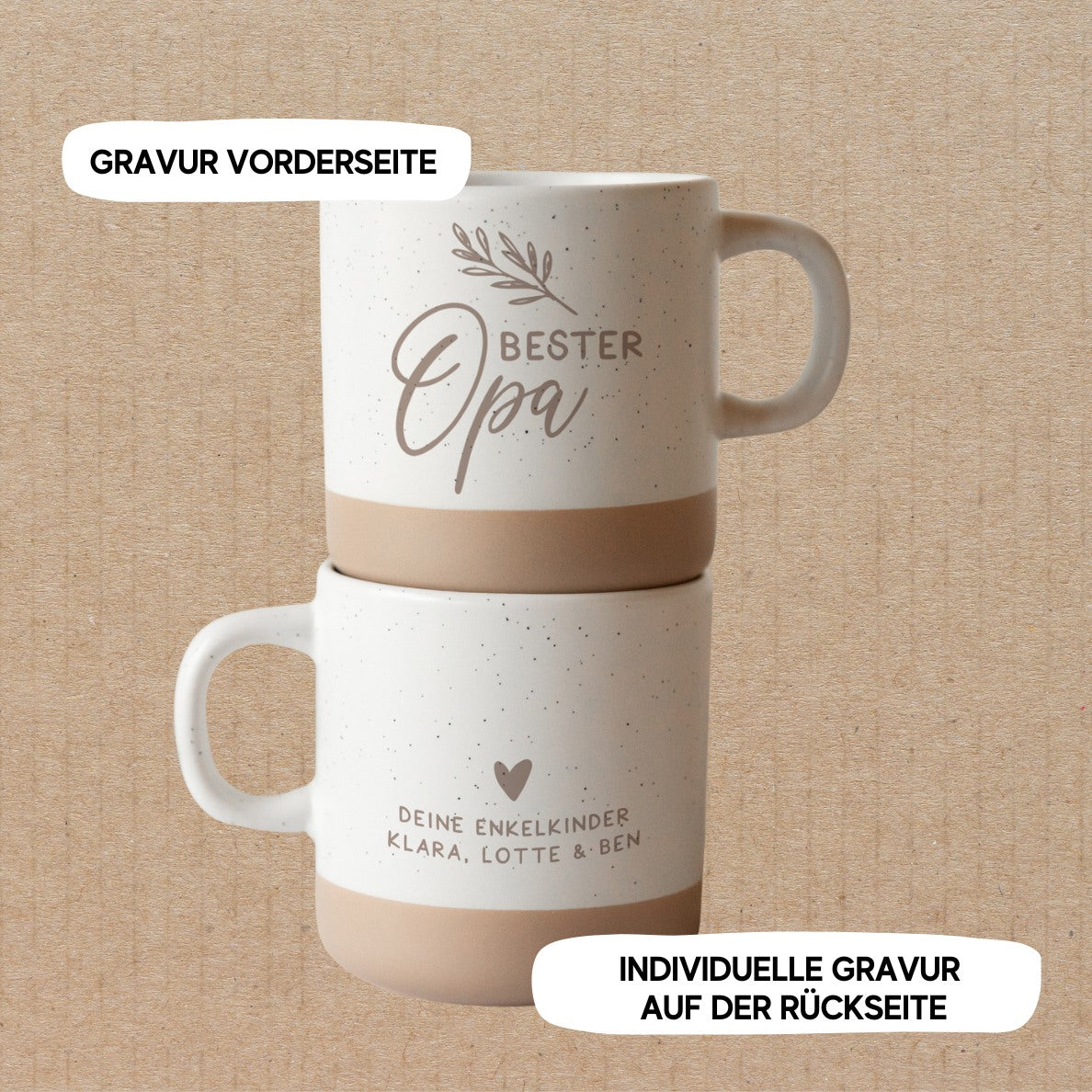 Zwei gestapelte Tassen mit gesprenkeltem Design. Oben steht "Bester Opa", unten sind Namen und ein Herz. Eine perfekte personalisierte Tasse von laserhelden – ein herzliches Geschenk für Oma und Opa.
