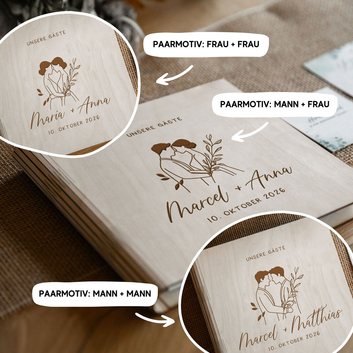 Gästebuch aus Holz zur Hochzeit mit drei Paarmotiven zur Wahl: Frau + Frau, Mann + Frau, Mann + Mann