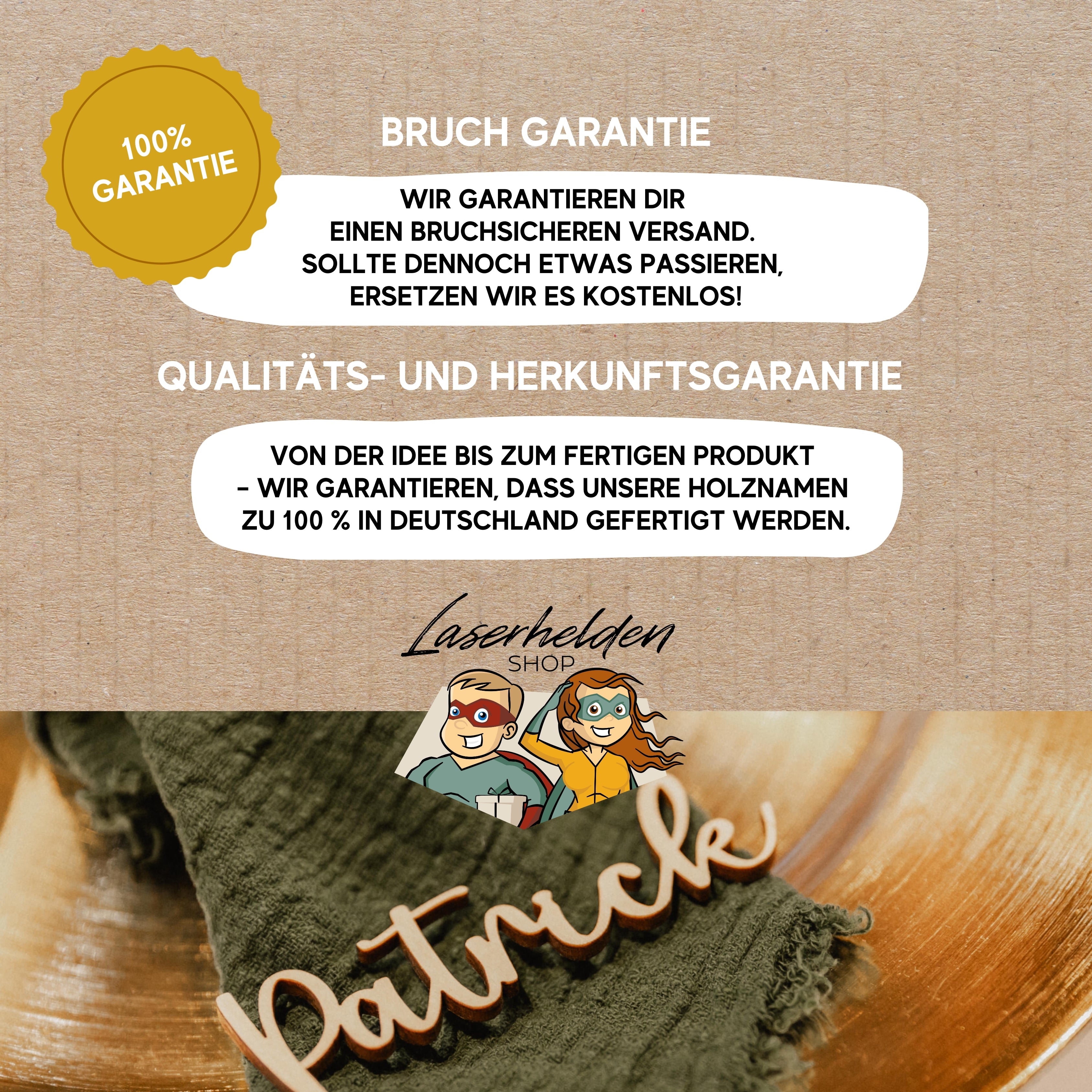 Text mit dem „laserhelden“-Logo mit zwei Comicfiguren und Garantiehinweisen zur Präsentation handgefertigter Tischkarten Hochzeit aus Holz.