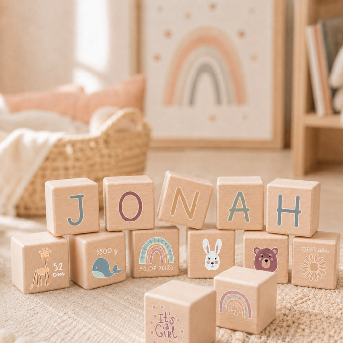Personalisierte Holzwürfel mit bunten Buchstaben & Wunschname