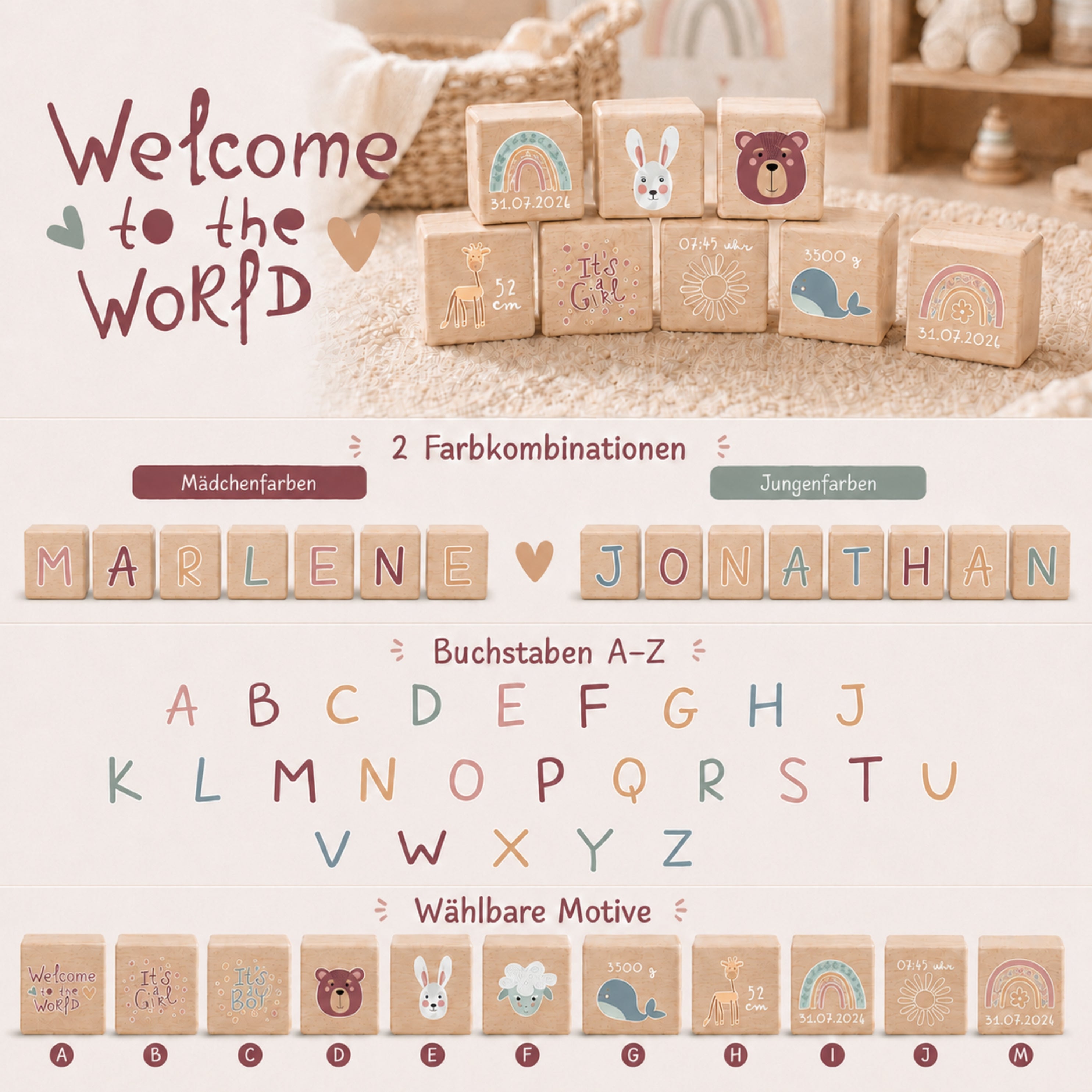 Personalisierte Holzwürfel mit bunten Buchstaben & Wunschname