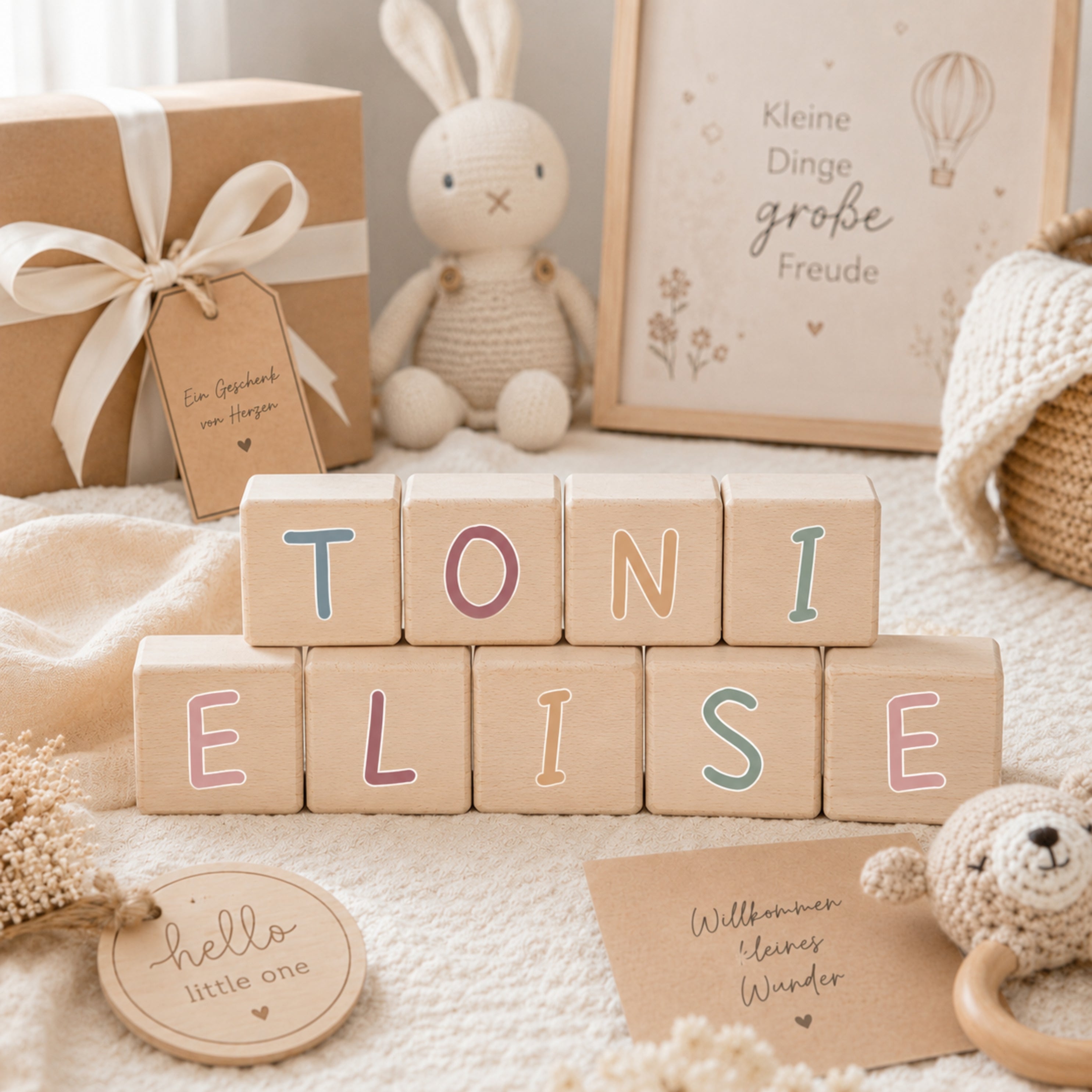 Personalisierte Holzwürfel mit bunten Buchstaben & Wunschname