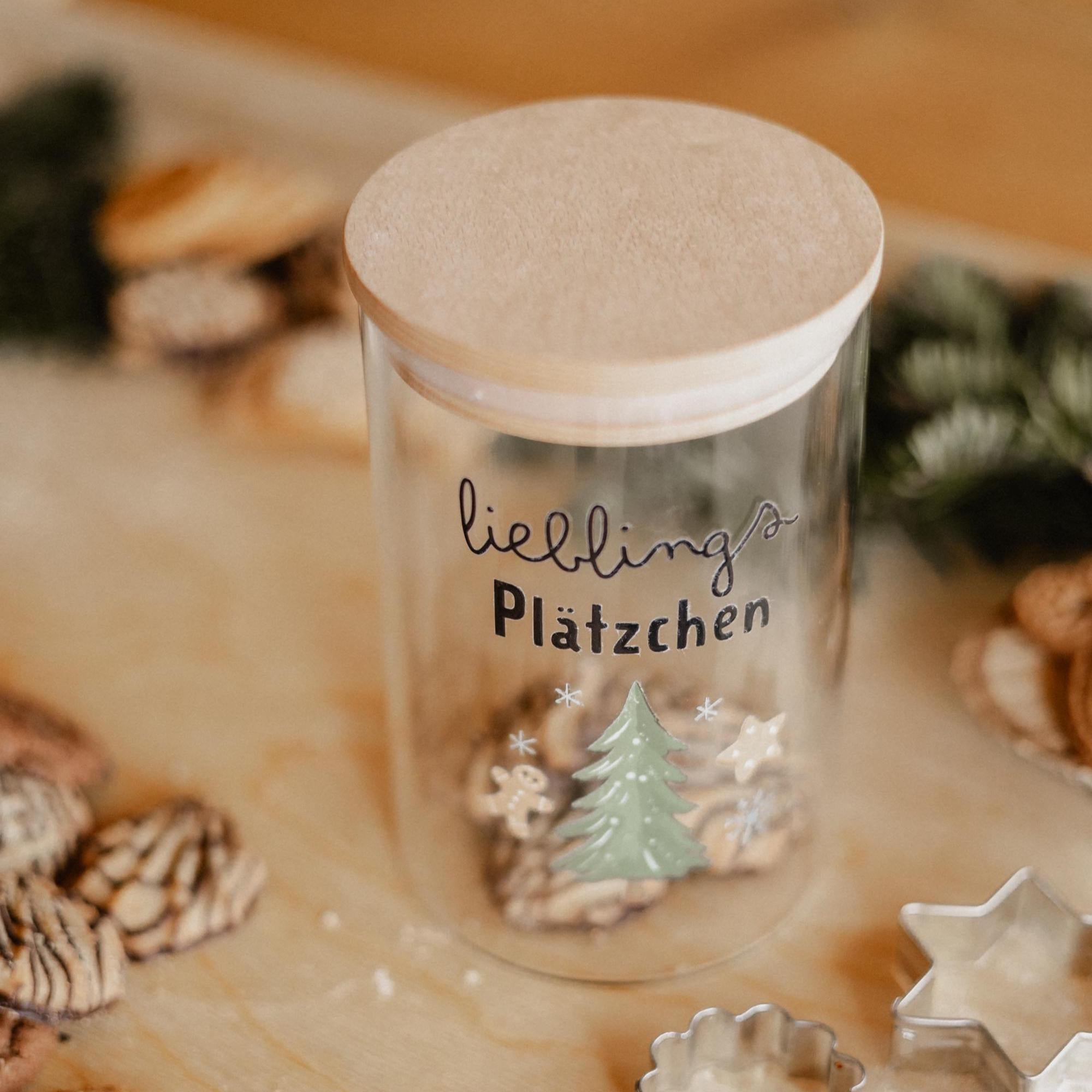 Vorratsglas Weihnachten mit Tannenbaum Motiv – Glasdose mit Holzdeckel ohne Gravur – Geschenk für Plätzchen, Süßigkeiten und Gebäck