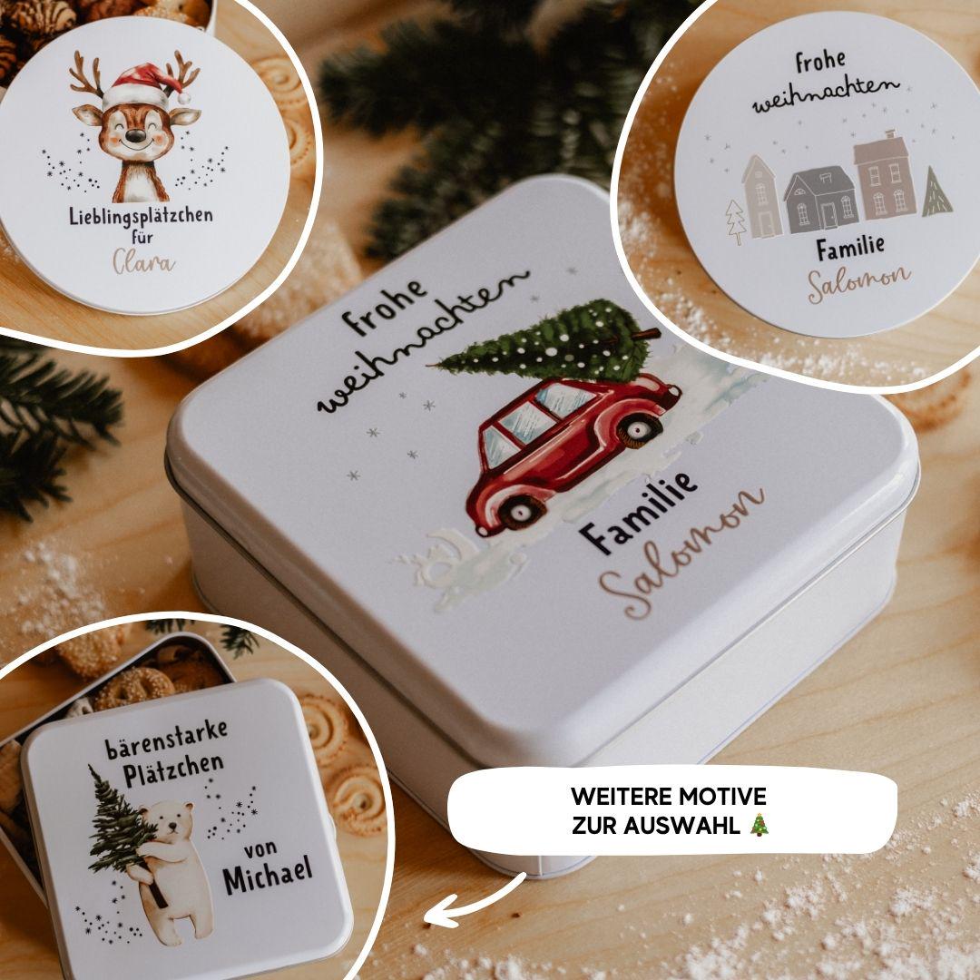 Personalisierte Keksdose Weihnachten mit Namen – quadratische Metalldose mit Motivwahl Rentier, Tannenbaum, Häuser oder Eisbär