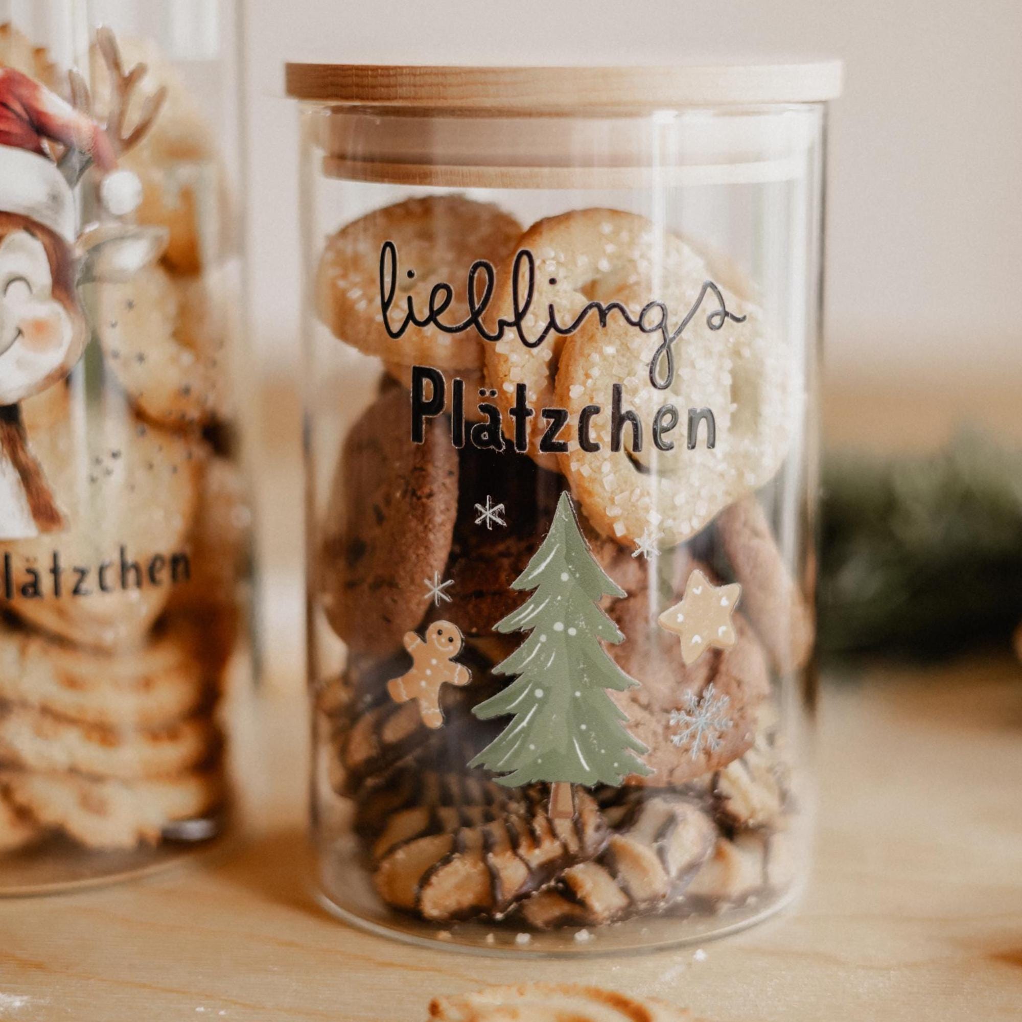 Vorratsglas Weihnachten mit Tannenbaum Motiv – Glasdose mit Holzdeckel ohne Gravur – Geschenk für Plätzchen, Süßigkeiten und Gebäck