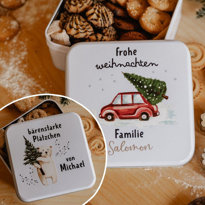 Personalisierte Keksdose Weihnachten mit Namen – quadratische Metalldose mit Motivwahl Rentier, Tannenbaum, Häuser oder Eisbär