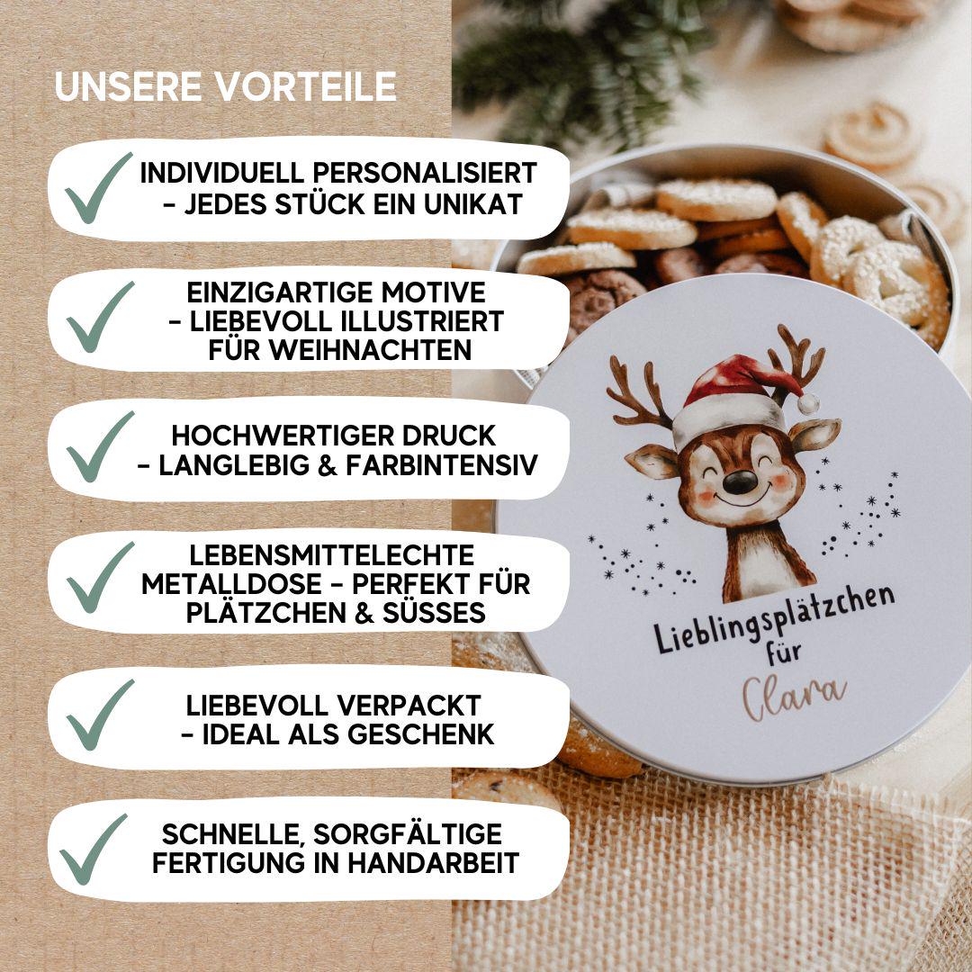 Personalisierte Keksdose Weihnachten mit Namen – Motivwahl Rentier, Tannenbaum, Häuser oder Eisbär – Geschenk für Kinder und Familie