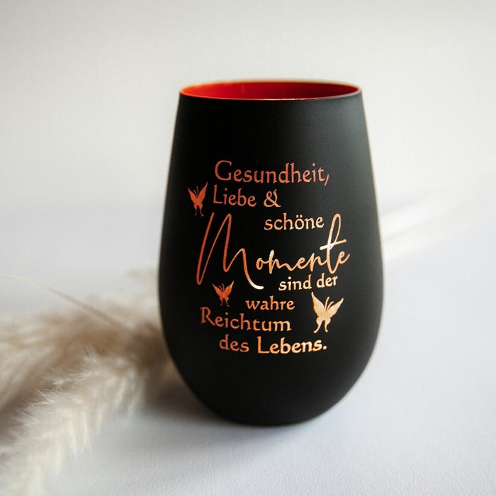 Personalisiertes Windlicht aus Glas mit Wunschtext auf der Rückseite