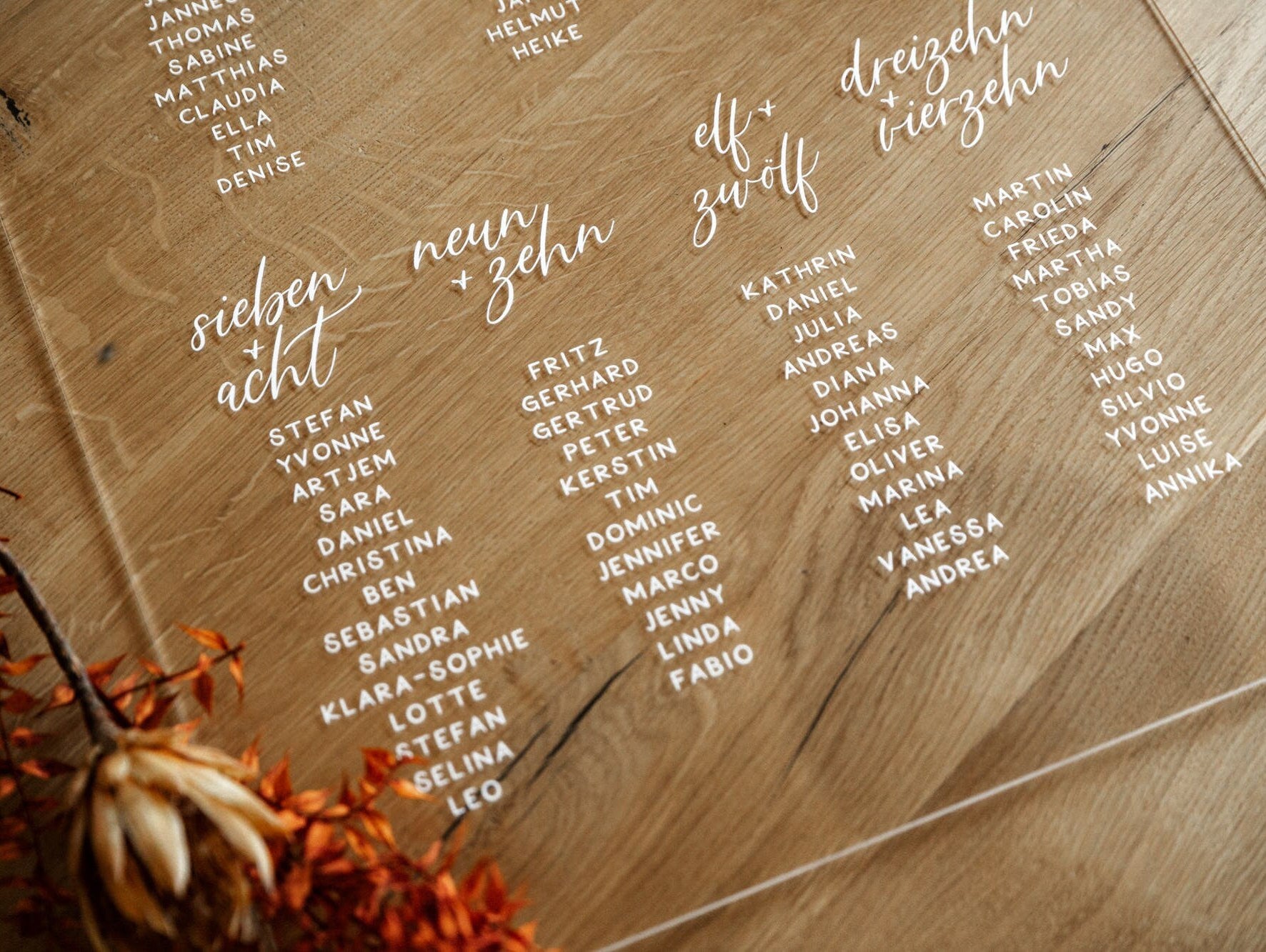 Sitzplan aus Acrylglas zur Hochzeit personalisiert mit euren Wunschnamen