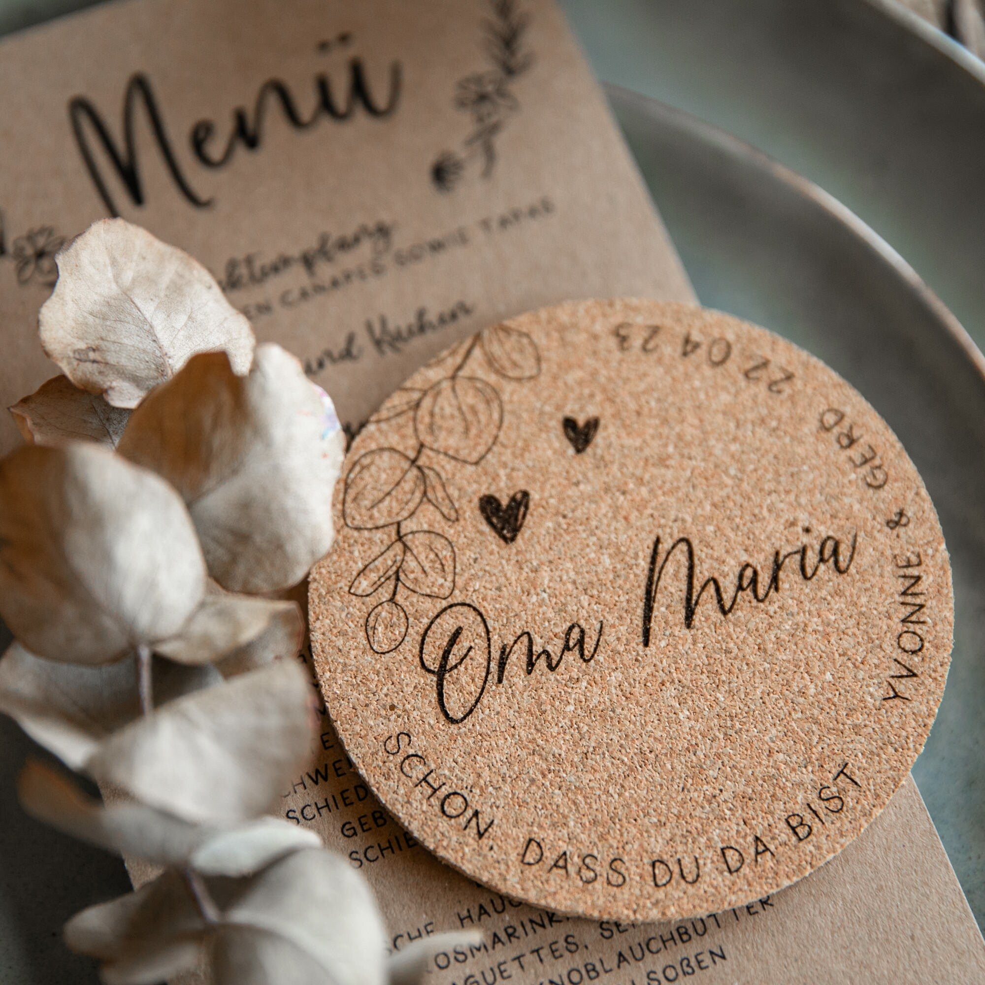 Personalisierte Platzkarten Hochzeit Kork / Gastgeschenk Hochzeit / Untersetzer Kork / Namensschild Hochzeit / Sitzplan Hochzeit / Holz Name